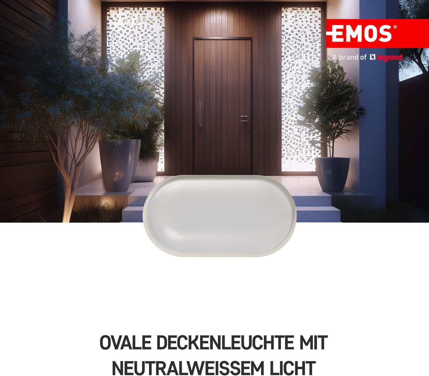 EMOS ZM3020 LED Wall Light and Ceiling Light 20 W Oval IP65 Waterproof 1600 Lm Oval Light Outdoor Light for Balcony, Basement, Garage, Outdoor, Neutral White 4000K, 27 X 14.5 Cm image number 3