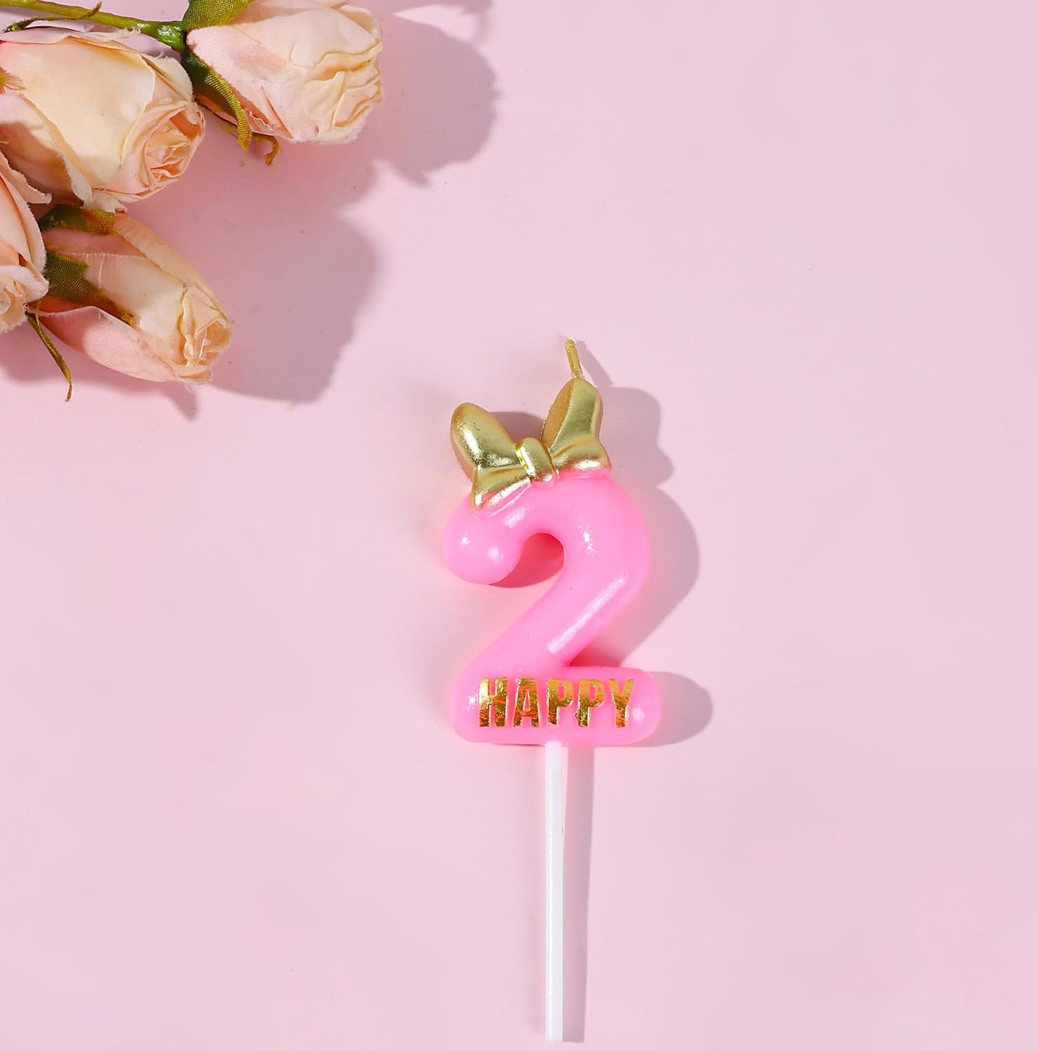 EAKE Pink Birthday Candles Number 2 with Bow Bowknot Bowtie and Metallic Gold Mini Happy Letter for Happy 2Nd Mouse Theme Birthday Cake Topper Party Supplies Decorations (4.7 Inch) image number 2