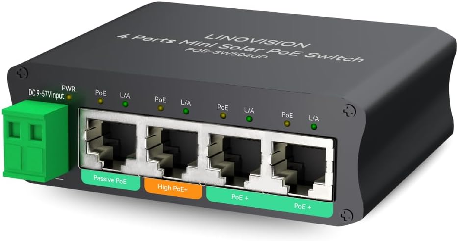 LINOVISION 4 Ports Mini Solar Poe Switch Works Directly with DC12V or DC24V Batteries, Provide 2 30W Ports, 1 High 45W Port for Big PTZ Cameras and 1 Passive 24V Poe Port for Wireless Bridge image number 3