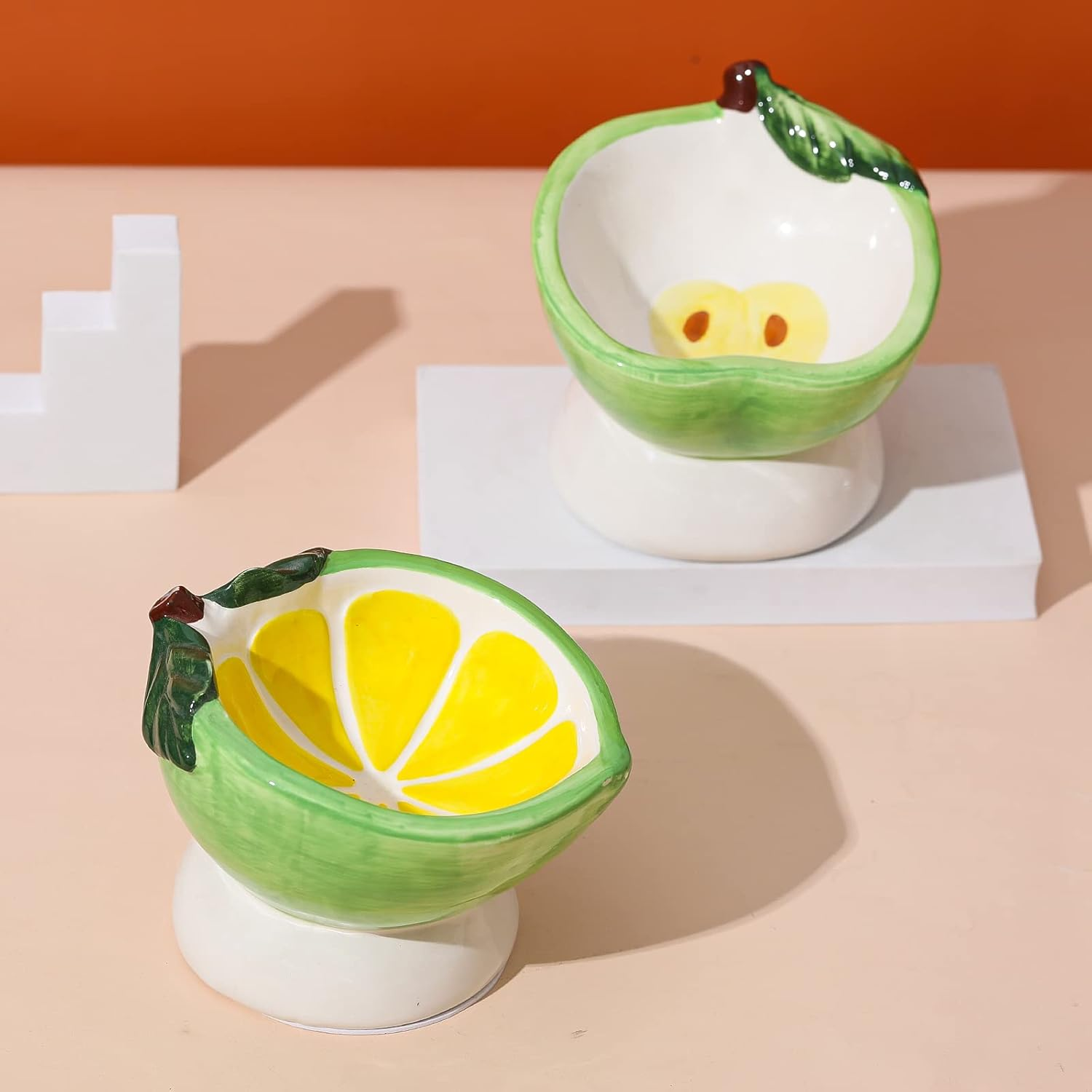 Tilted Elevated Cat Food Bowl - Raised Cat Dish anti Vomiting - Shallow Wide Ceramic Cat Bowl for Whisker Fatigue - Small Cat Feeding Bowls - Tall Cat Bowl - Lemon Shaped Cute Kitten Bowl - 4 Oz image number 4