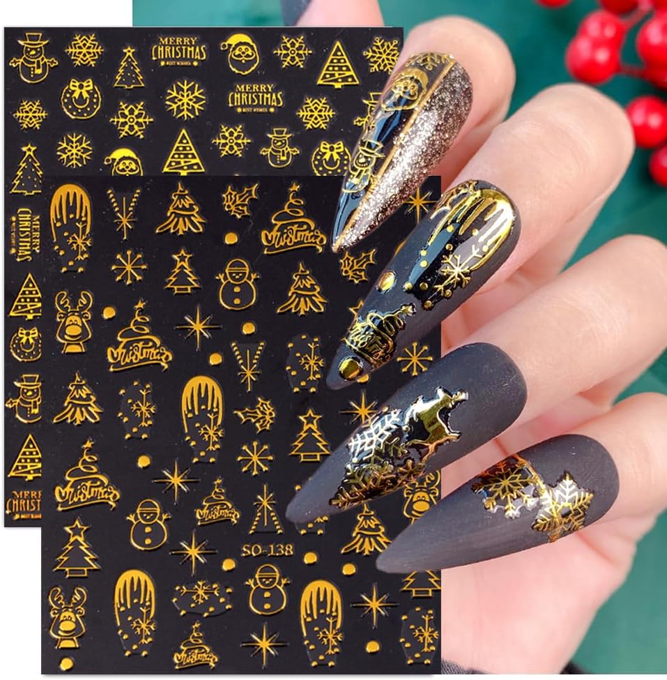 Christmas Nail Stickers, 8 Sheets, Self-Adhesive Snowflake 3D Gold Silver Snowflake Nail Stickers, Winter Nail Art Decals Design, DIY Decoration image number 1