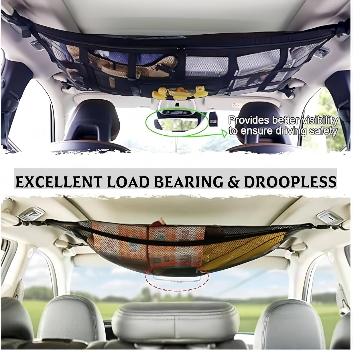 SUV Ceiling Cargo Net Pocket, Adjustable Double Large Car Ceiling Storage Net with 2 Seat Hooks, Mesh Car Roof Organizer Long Trip Storage Bag for SUV Long Trip Camping (Black) image number 4