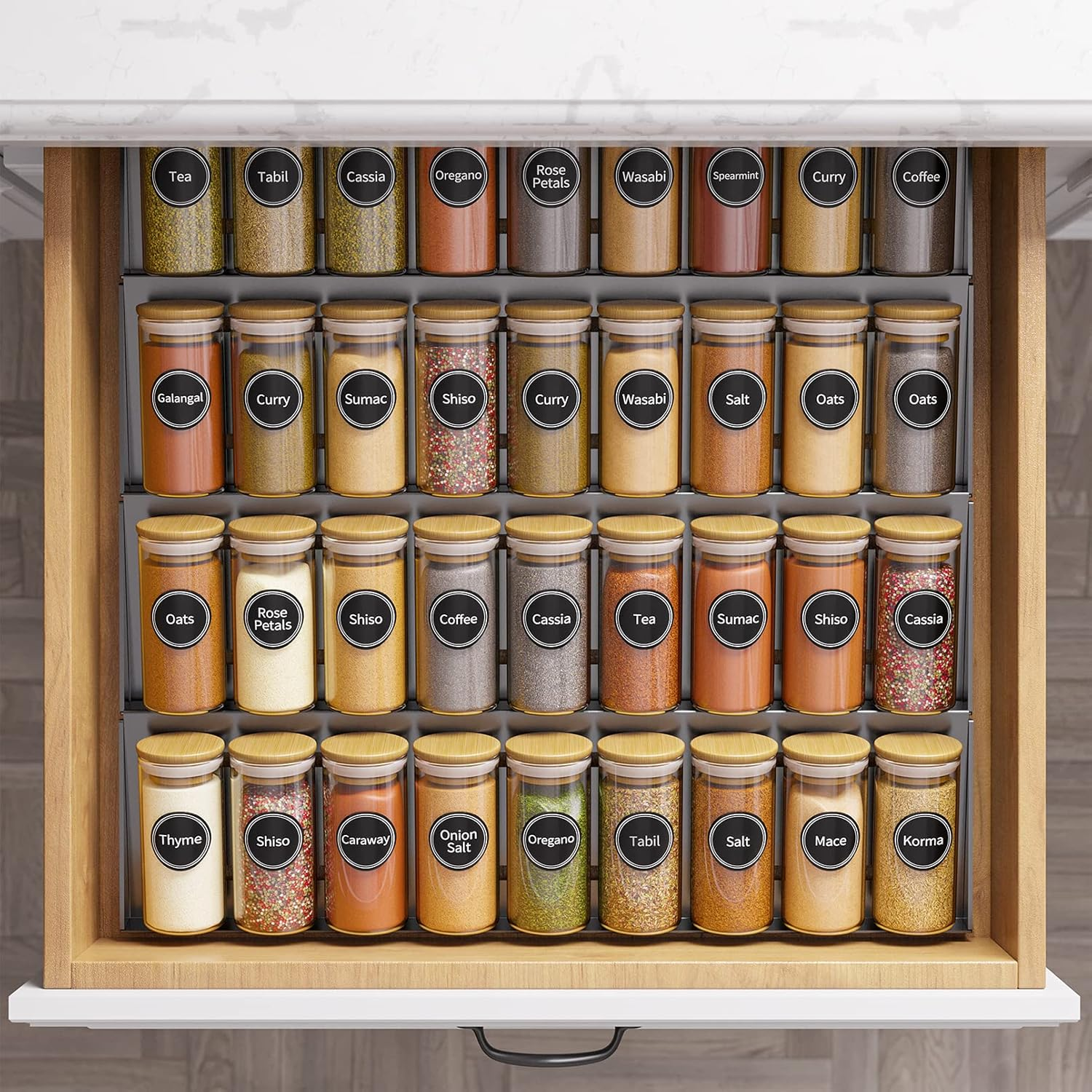 Spaceaid 36 Pcs Spice Jars with Bamboo Lids and Labels, Empty 4Oz Glass Spice Bottles, Minimalist Farmhouse Spice Labels Stickers with Funnel, Seasoning Containers for Spice Rack, Cabinet and Drawer image number 5