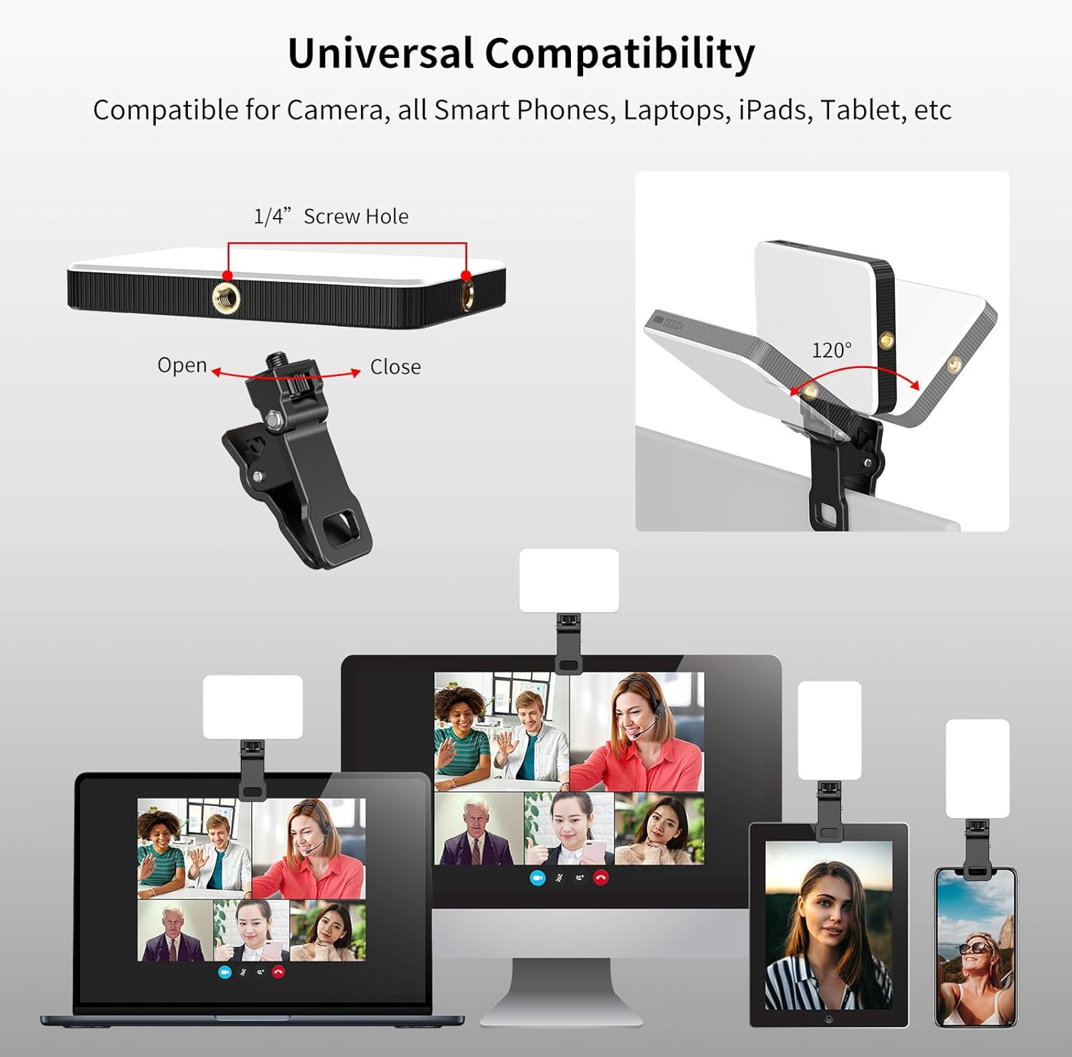 Newmowa Black Rechargeable Selfie Light - Portable Clip Video Light for Phone/Laptop/Camera with Smart Light Sensor,3 Light Mode,2000Mah Battery Phone Light for Selfie/Makeup/Video Conference/Tiktok image number 4