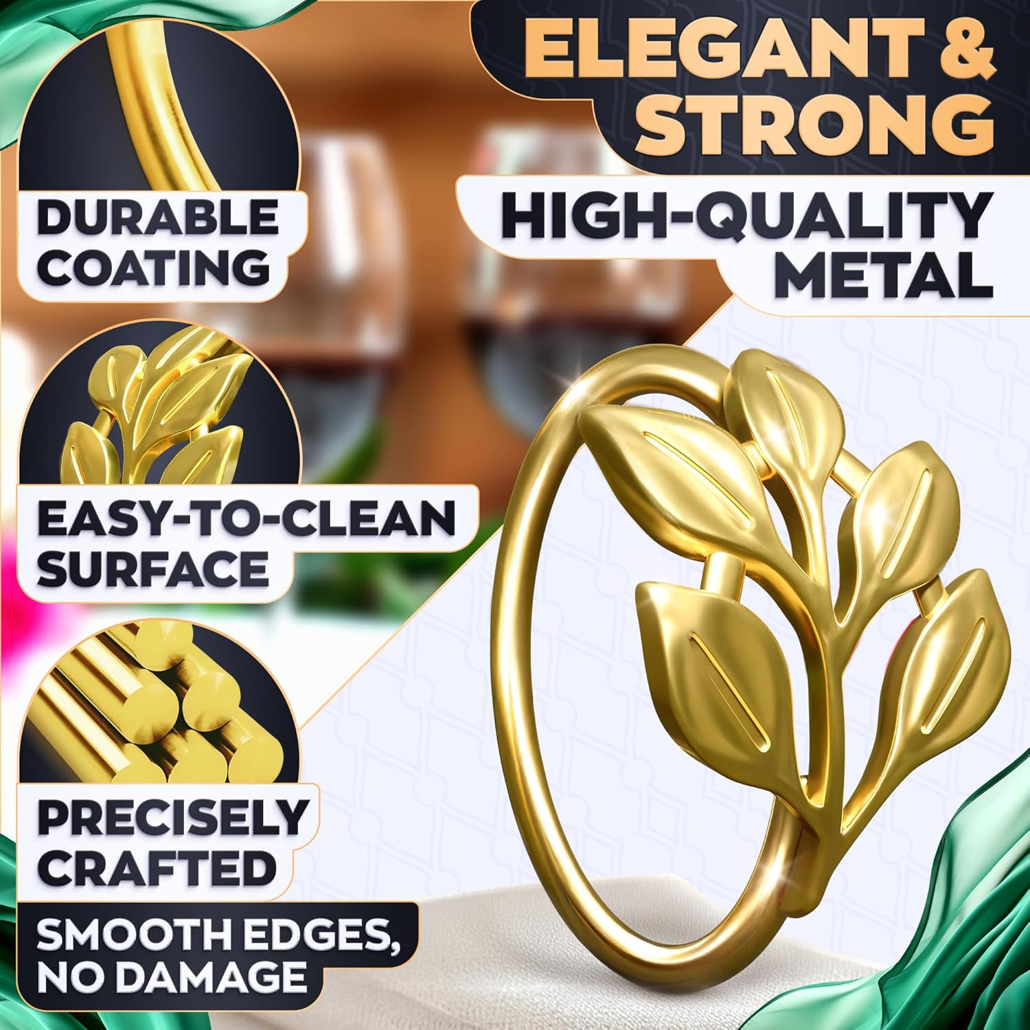 20 Pieces Gold Napkin Rings - Gold Leaf Napkin Rings Gold Ring Napkin Holder Dining Table Decor Flower Napkin Rings Boho Napkin Rings Leaves Tea Party Decor Modern Napkin Holder for Table Napkin Ring image number 3