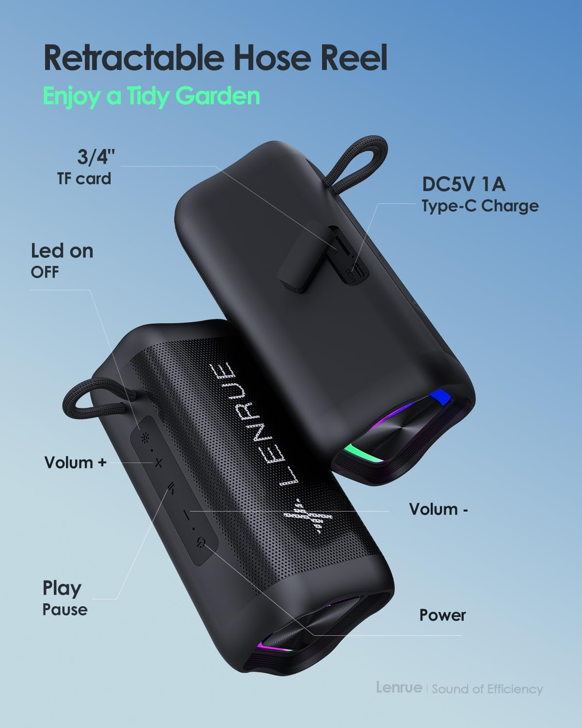 LENRUE Portable Bluetooth Speaker with LED Lights, IPX5 Waterproof Wireless Speaker with 360&deg; Stereo Sound for Outdoors & Home Use image number 2