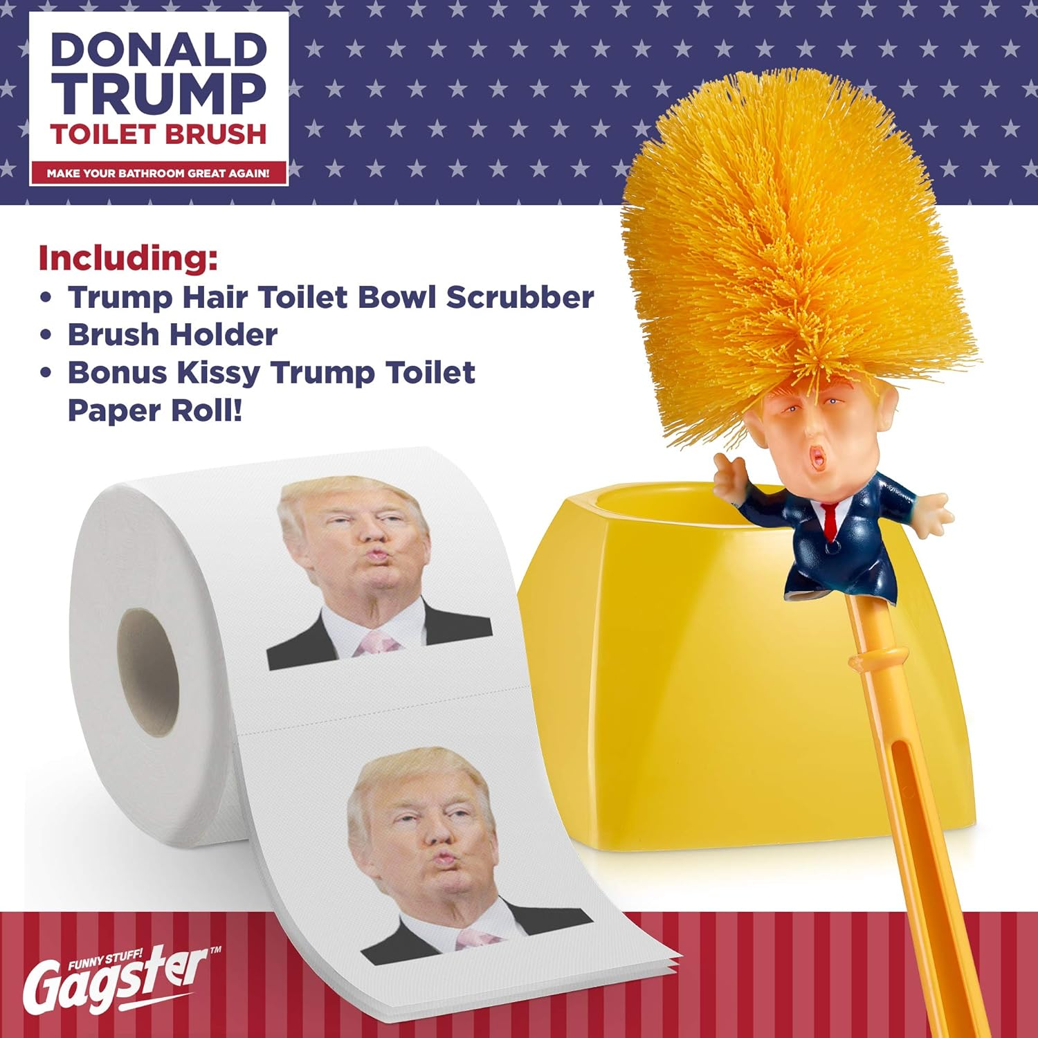 Donald Trump Toilet Brush and Trump Toilet Paper Roll Bundle - Funny Political Gag Gift Toilet Bowl Cleaner Scrubber with 3-Ply Bathroom Tissue Paper - Hilarious Trump Hair Unique Gift Idea image number 5