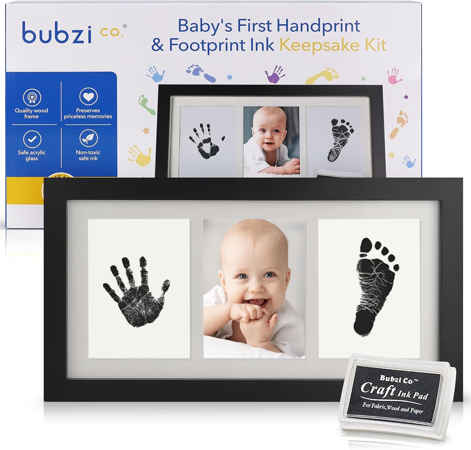Bubzi Co Baby Handprint Kit & Footprint Photo Frame for Newborn Girls and Boys, Unique Baby Shower Gifts Set for Registry, Memorable Keepsake Decorations for Room Wall or Nursery Decor (White)