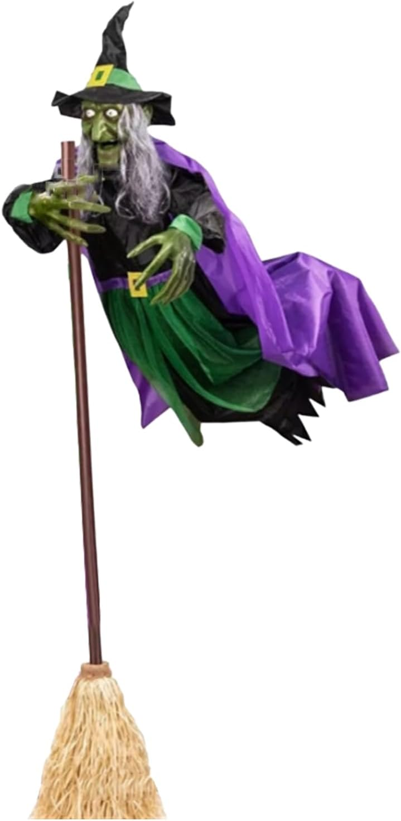 Flying Witch - Realistic Witch Halloween Decorations,6Ft Large Animatronics Halloween Props, Animated Witch Broom for Front Porch Yard Garden