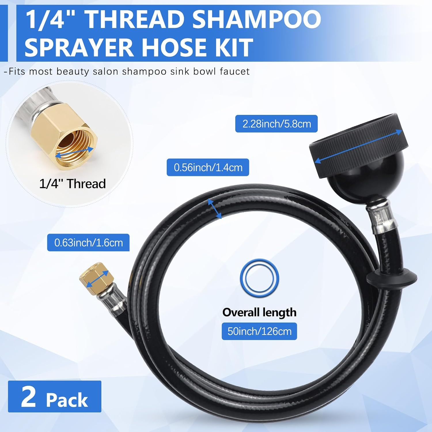 ZKDAUSDO 2 Pack UPC Certified Salon Shampoo Bowl Sprayer Head Hose Kit - 1/4" Thread to Attach Shampoo Bowl Faucet for Barber Shop Spa, Black Rubber Salon Sink Shampoo Bowl Hose Replacement Part image number 2