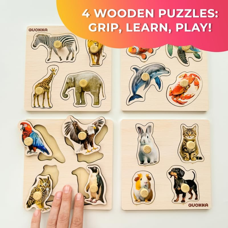 QUOKKA Wooden Puzzles for Toddlers 1-3 &ndash; 4 Set Pegged Puzzles for Kids Ages 2-4 &ndash; Animal and Birds Learning Toy for Kids &ndash; Gift Realistic Educational Game for Boy and Girl - 8 Set image number 2