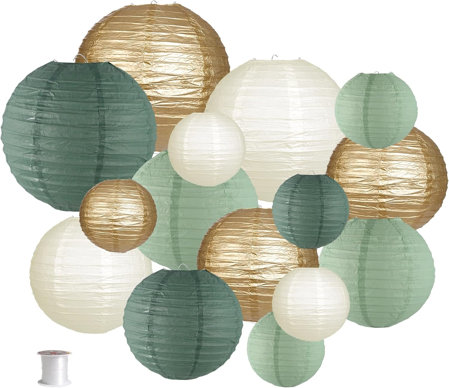 Paper Lanterns Decorative, round Hanging Paper Lanterns Decorations for Rustic Party Bridal Shower Wedding Sage Green Birthday Party Supplies Gold/Ivory/Sage Green 15Pcs image number 4