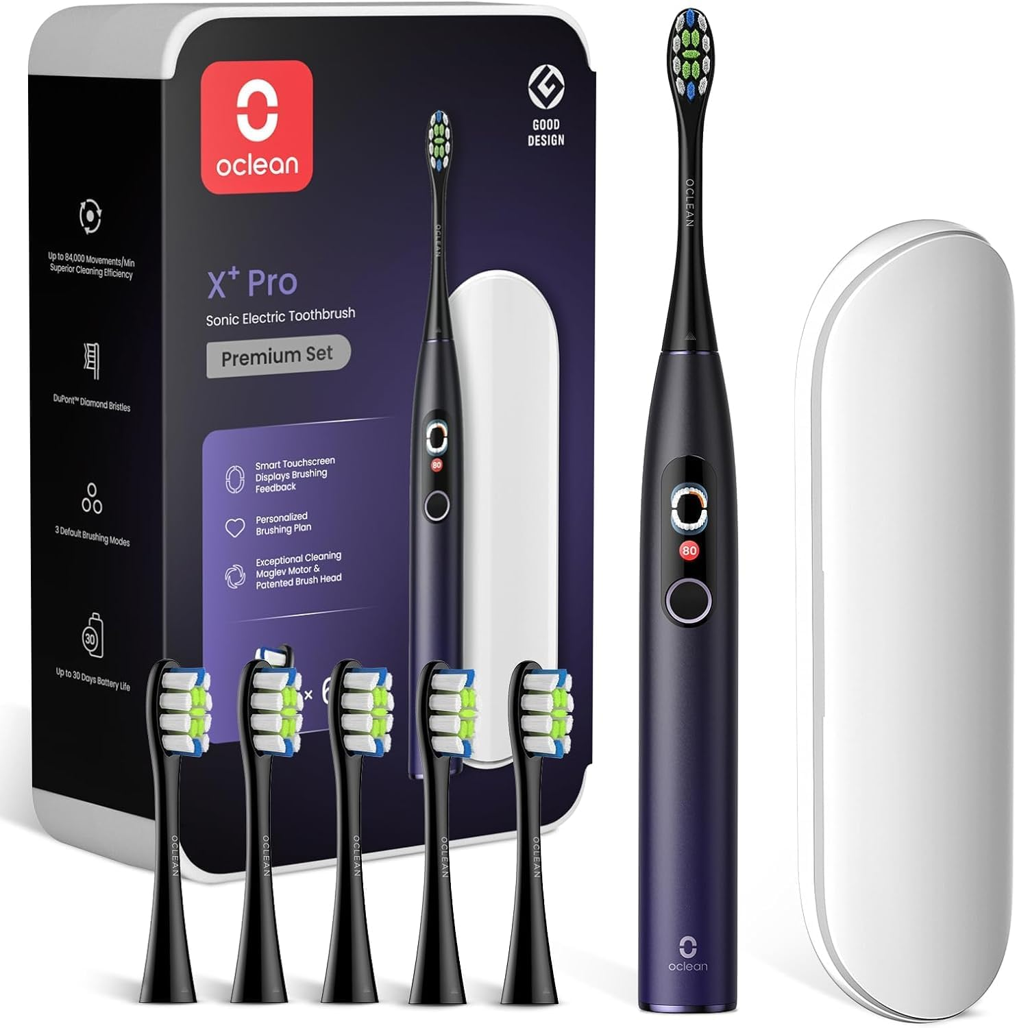 Oclean X plus Pro Set Purple &ndash; Ultra‑Quiet Sonic Electric Toothbrush Kit with Colour Touchscreen, App, Wireless Quick‑Charge, 30‑Day Battery - Rechargeable
