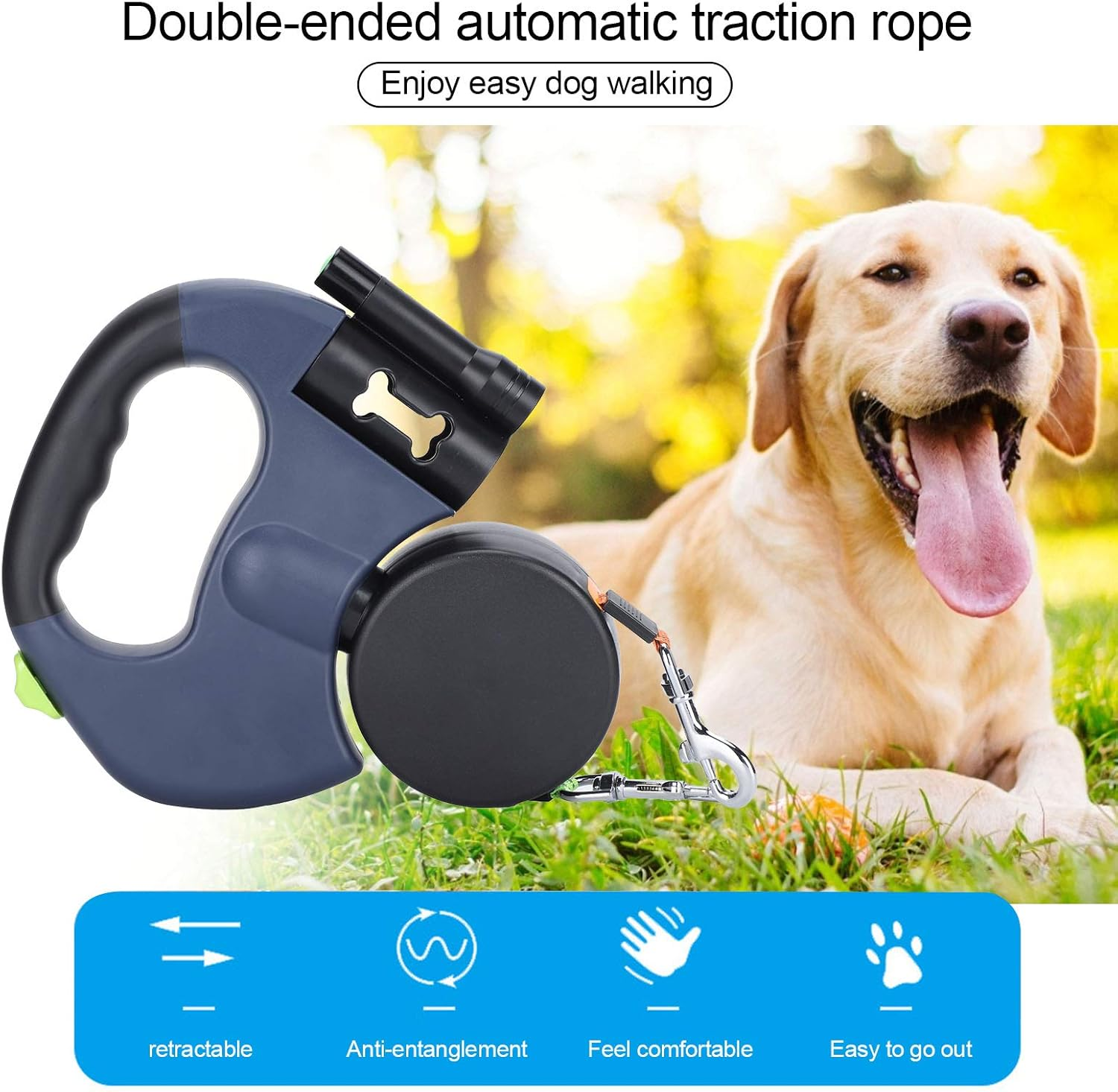 Dual Retractable Dog Leash, Double-Head Lockable Extendable Pet Leash with LED Flashlight, 9.8Ft Reflective Nylon Ribbon, 360&deg; - for Two Dogs Walking Training, up to 110 Lbs Total image number 4