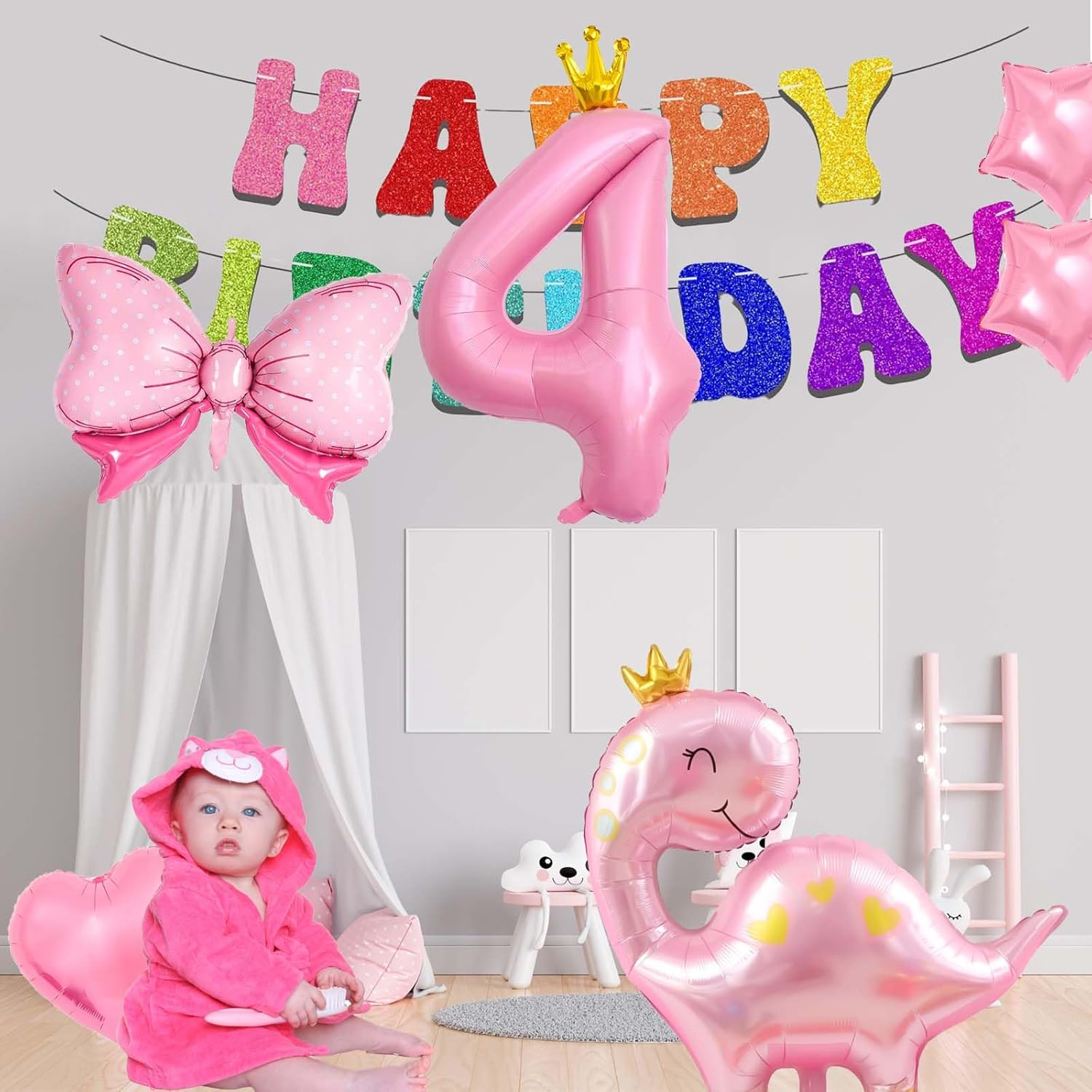40 Inch Number Balloon Pack, Cute Crown Dinosaur and Star Bow Heart, Pastel Pink Dino Birthday Decoration for Girls (4) image number 2
