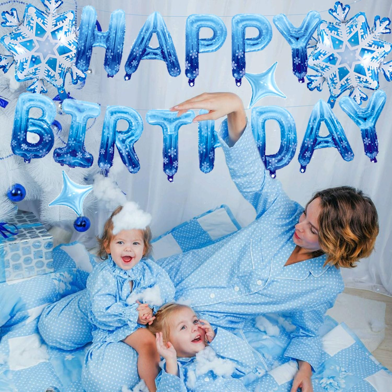 Blue Snowflake Happy Birthday Foil Balloon Banner Set for Winter Wonderland Birthday Party Decorations image number 3