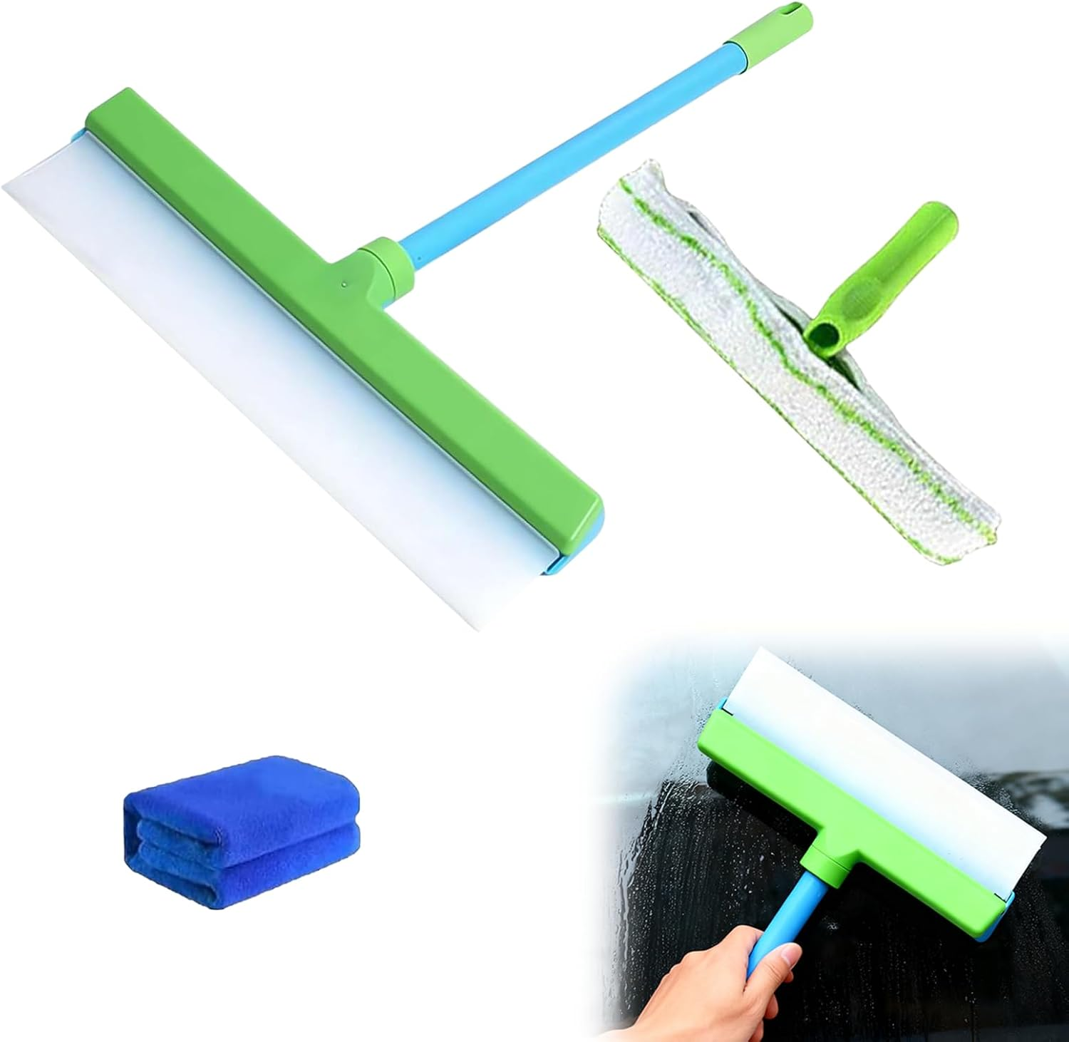 Window Cleaning Kit 3-In-1 Set Silicone Window Squeegee Kit Silicone Blade + Microfiber Cloth Material Excellent Water Stain Removal Suitable for Shower Glass Mirrors Cars Solar Panels