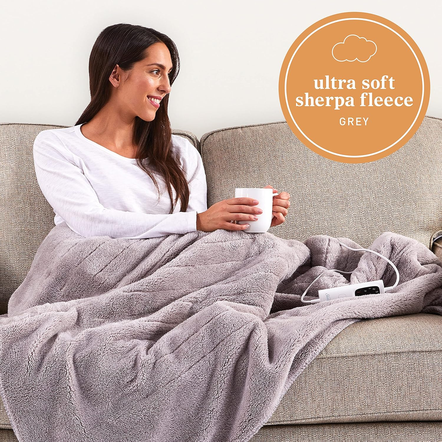 Sunbeam Feel Perfect Sherpa Fleece Heated Throw Blanket Grey, Secure Sleep Protection, 6 Heat Settings, Fast Heat Up, Machine Washable TRF4200 image number 3