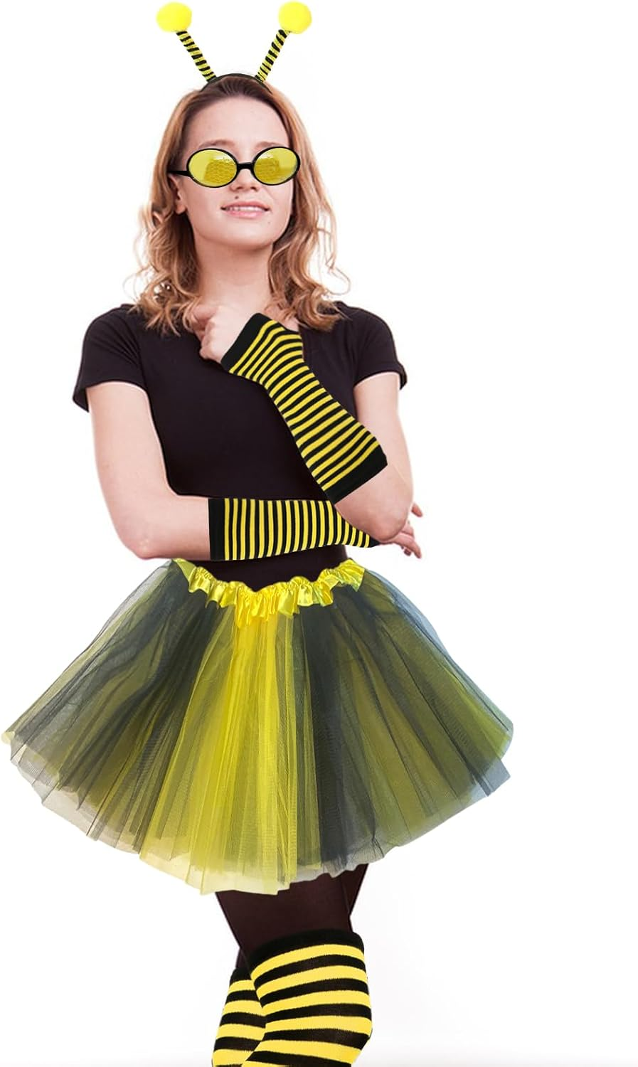 Homiliky 7 Pcs Bee Costume Set for Adults Bumble Bee Fancy Dress Set Including Sunglasses Headband Leg Sleeves Long Gloves Bee Dress for Role Play Cosplay Dress up Party image number 2