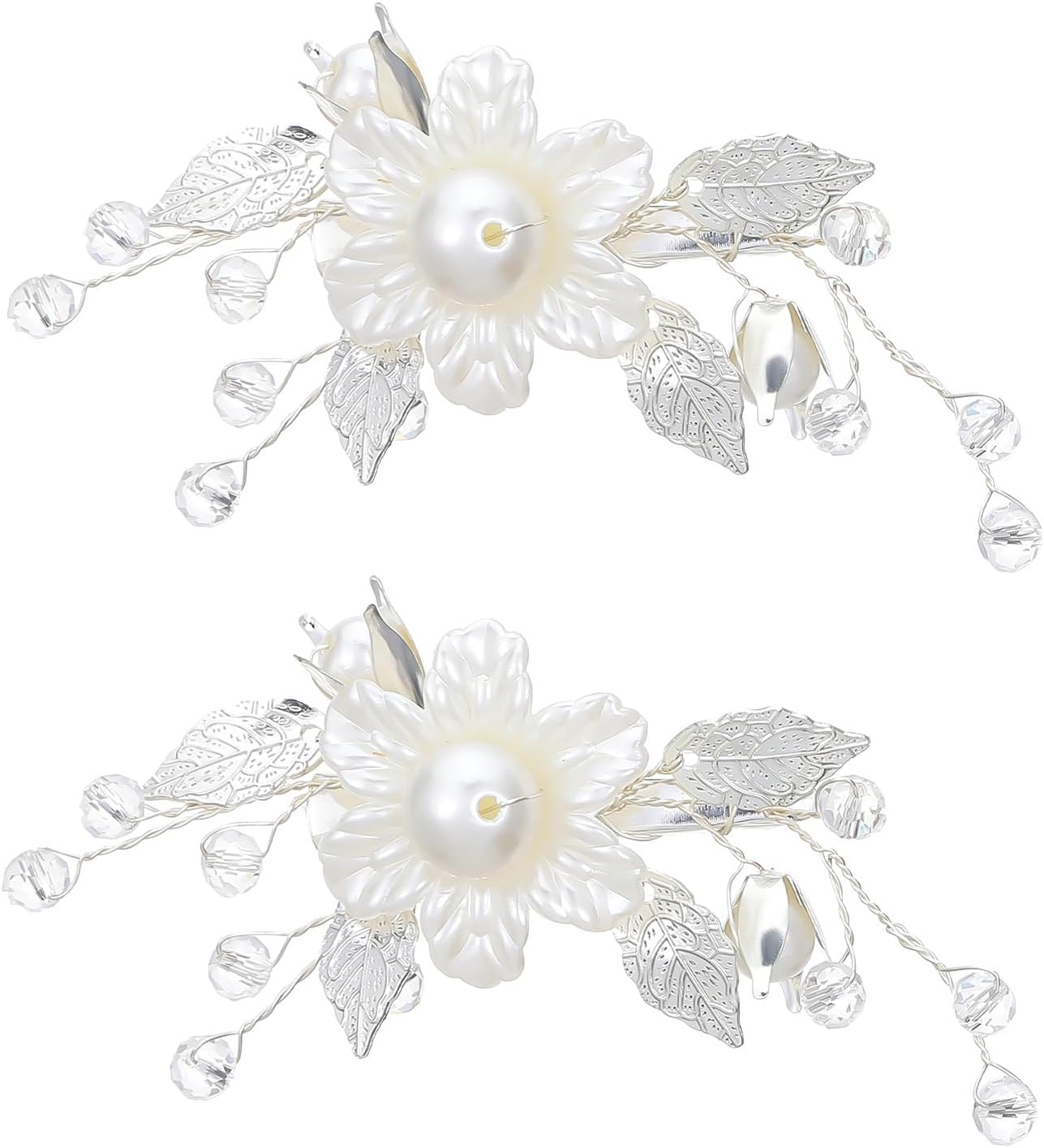 Flower Hair Clips for Women, 2PCS White Flower Clips Silver Leaf Vine Floral Girl Hair Accessory, Pearl Hair Accessories for Brides and Wedding Women image number 2