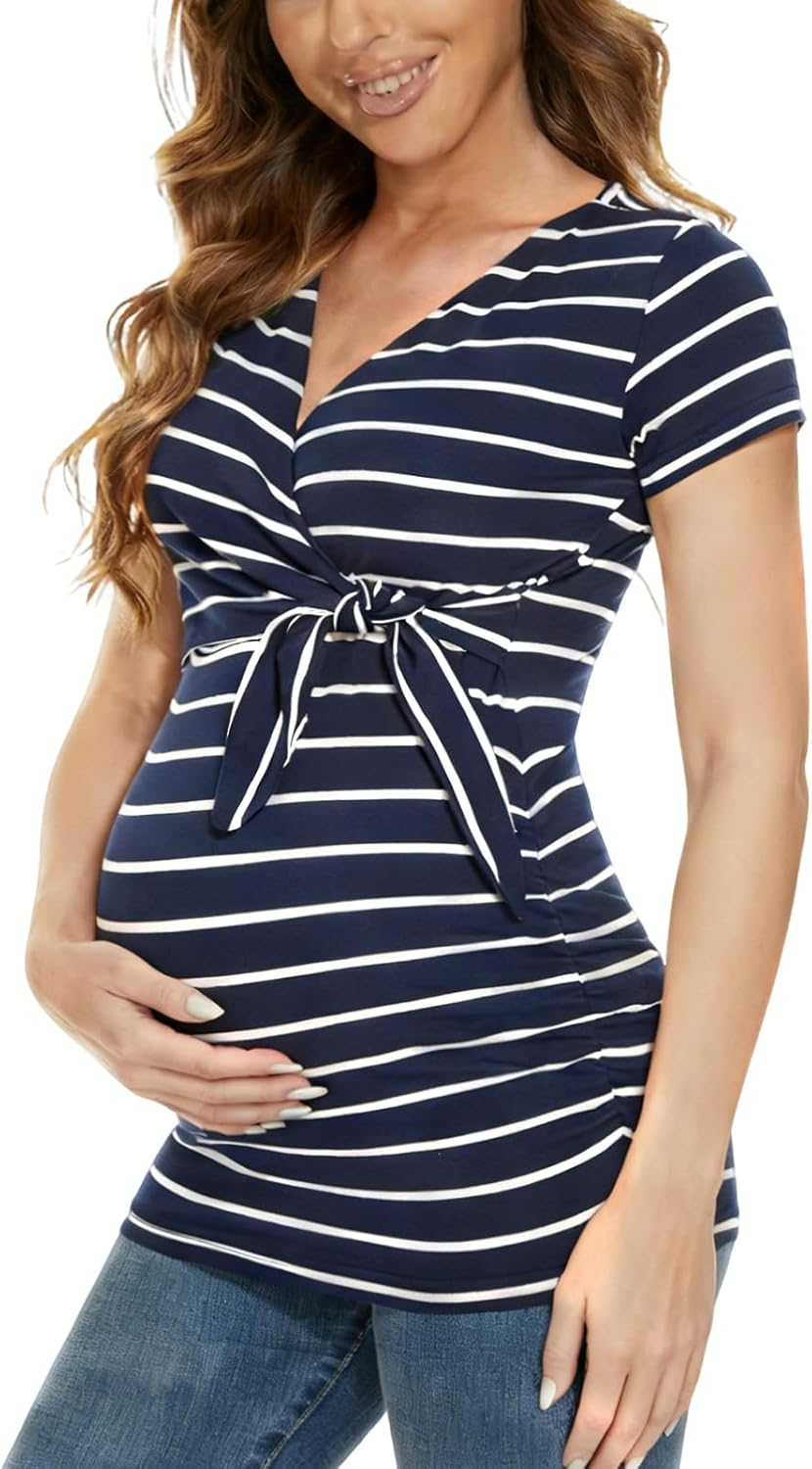 Glampunch Women'S Maternity Shirts Short & Long Sleeve Tie Front Wrap Maternity Tops image number 3