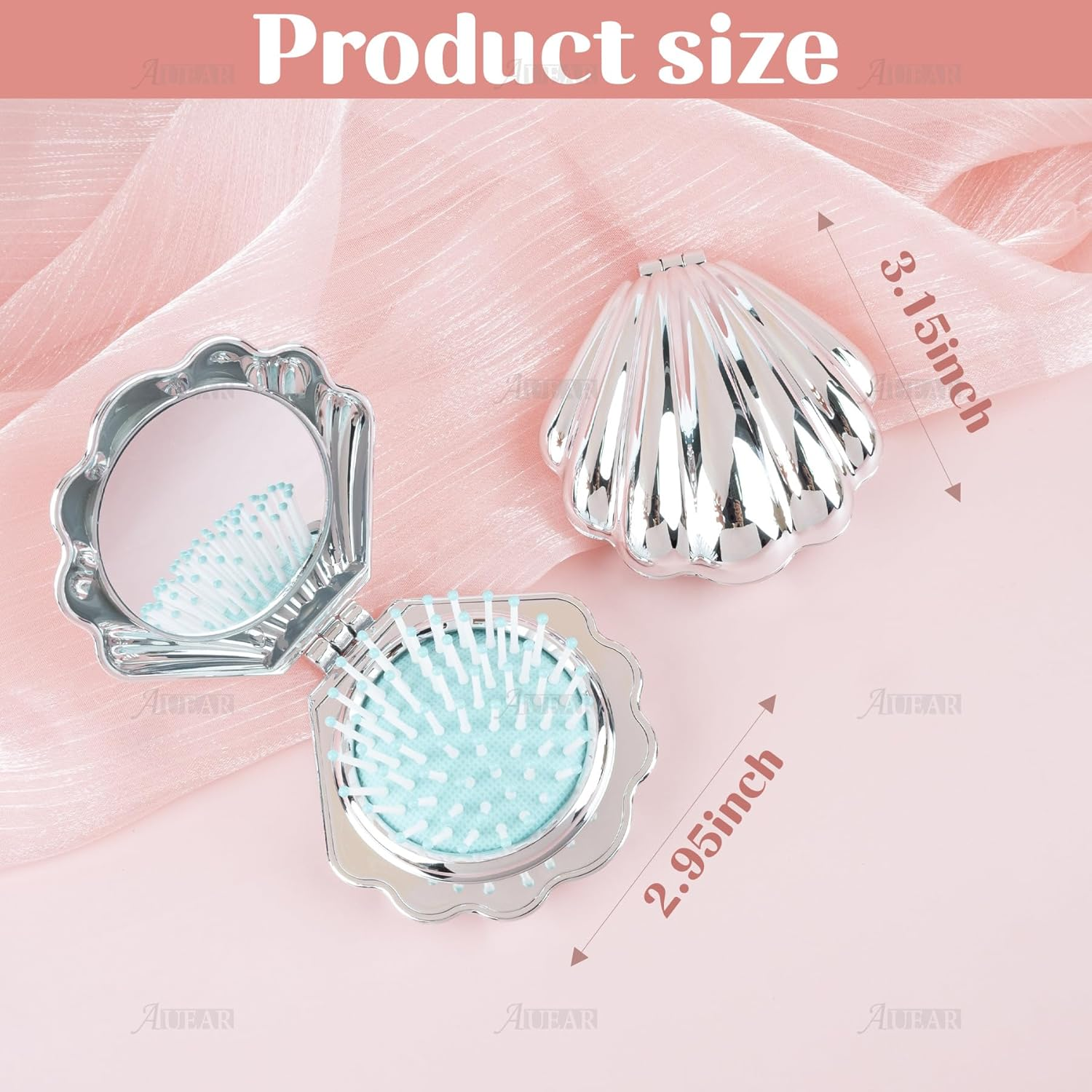 AUEAR, 4 Pack Shell Shape Hair Brushes with Mirror Foldable Portable Pocket Comb Massage Women Silver image number 5