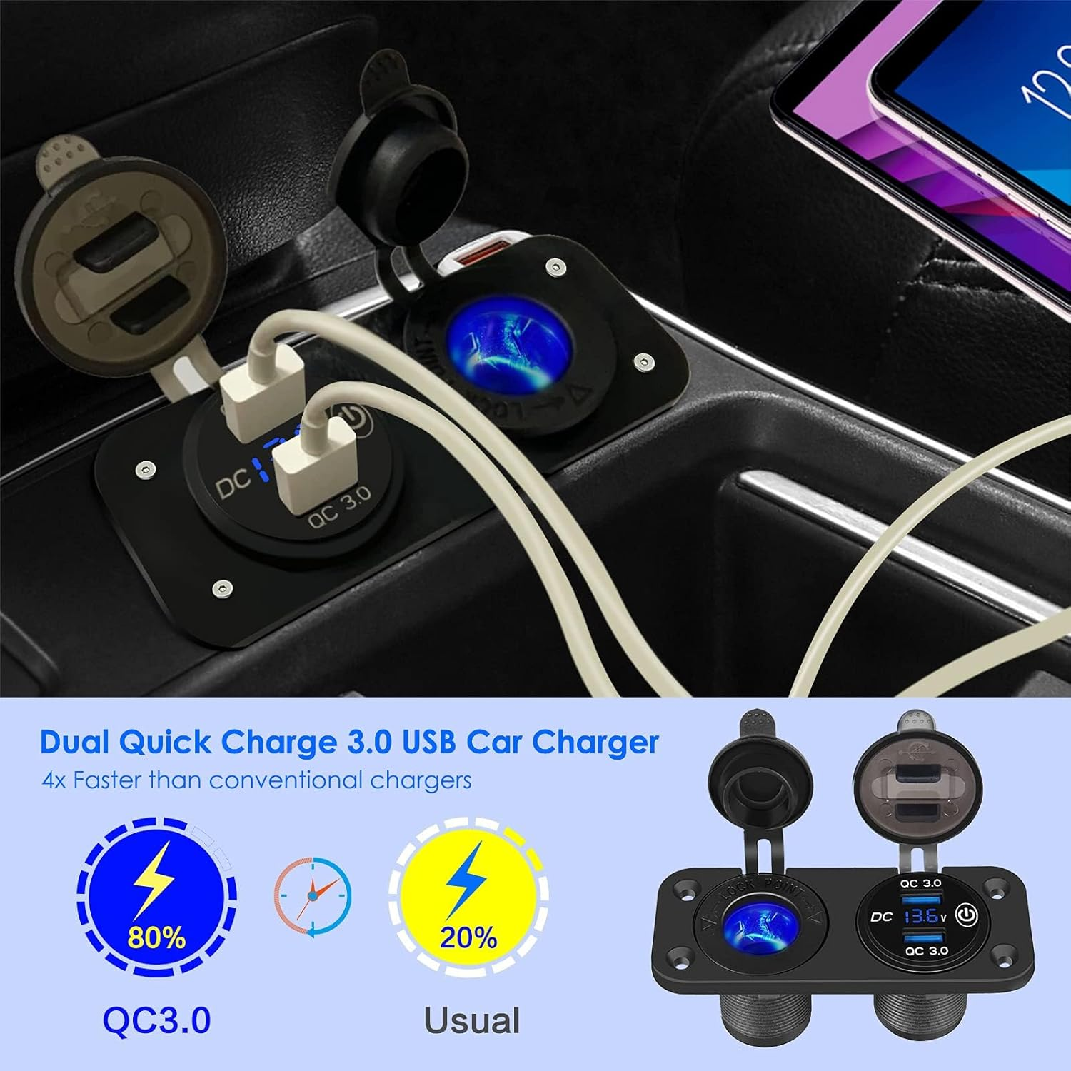 BLAZDEVE 2 in 1 USB Socket Panel, Dual QC 3.0 Car USB Charger Sockets Cigarette Lighter Socket with LED Digital Voltmeter and Touch Switch for 12V/24V Car Boat Marine image number 2