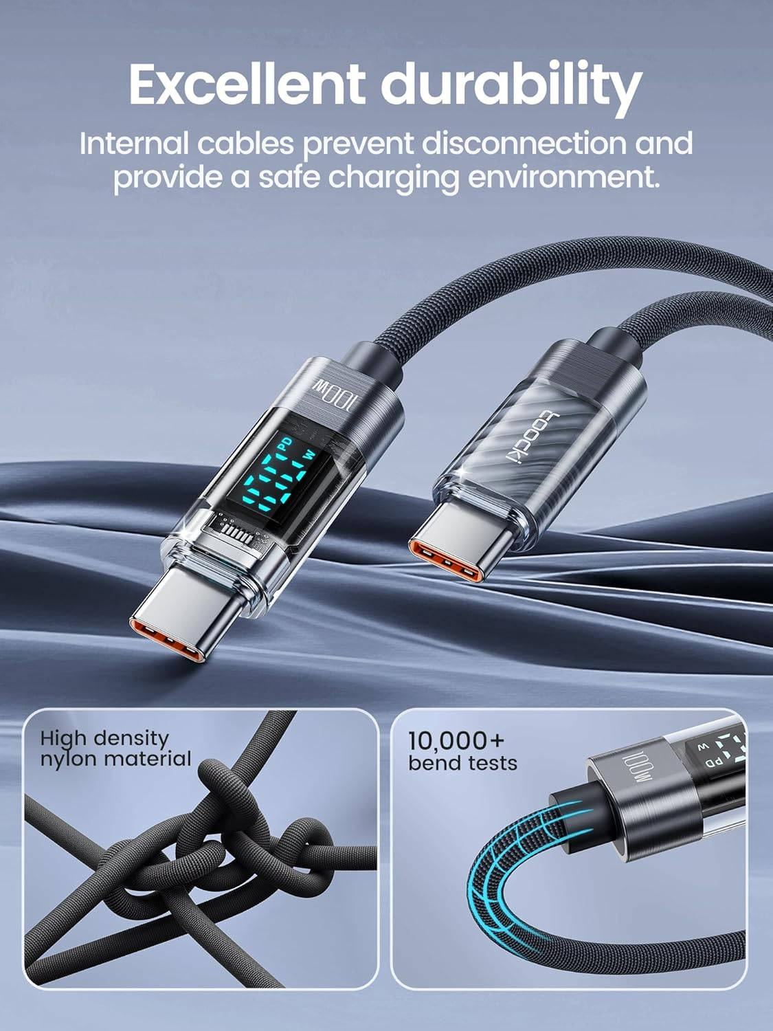 100W USB C to USB C Fast Charging Cable, 2M PD 5A Type C Cord with Intuitive Power Display & Tough Nylon Braid, Compatible with Iphone 17 16 15 Pro plus Pro Max Air Macbook Ipad Galaxy S25/S24/S23 image number 4