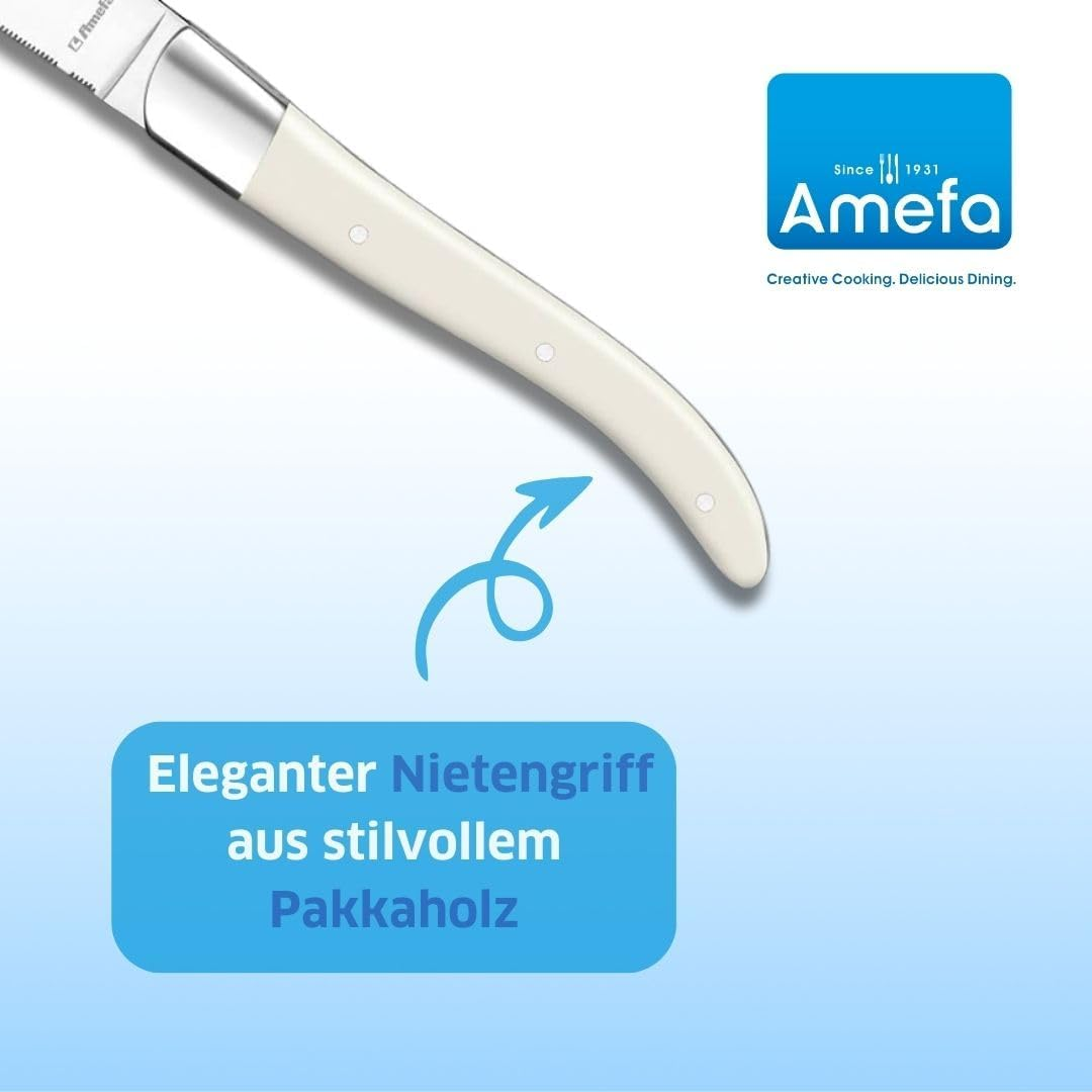 Amefa Lou Laguiole Louis Steak Knife Set, 6 Pieces, White Handles, Micro Serrated Edge with Long-Lasting Sharpness, Super Sharp & Cut, Steak Cutlery, Professional Steak Set