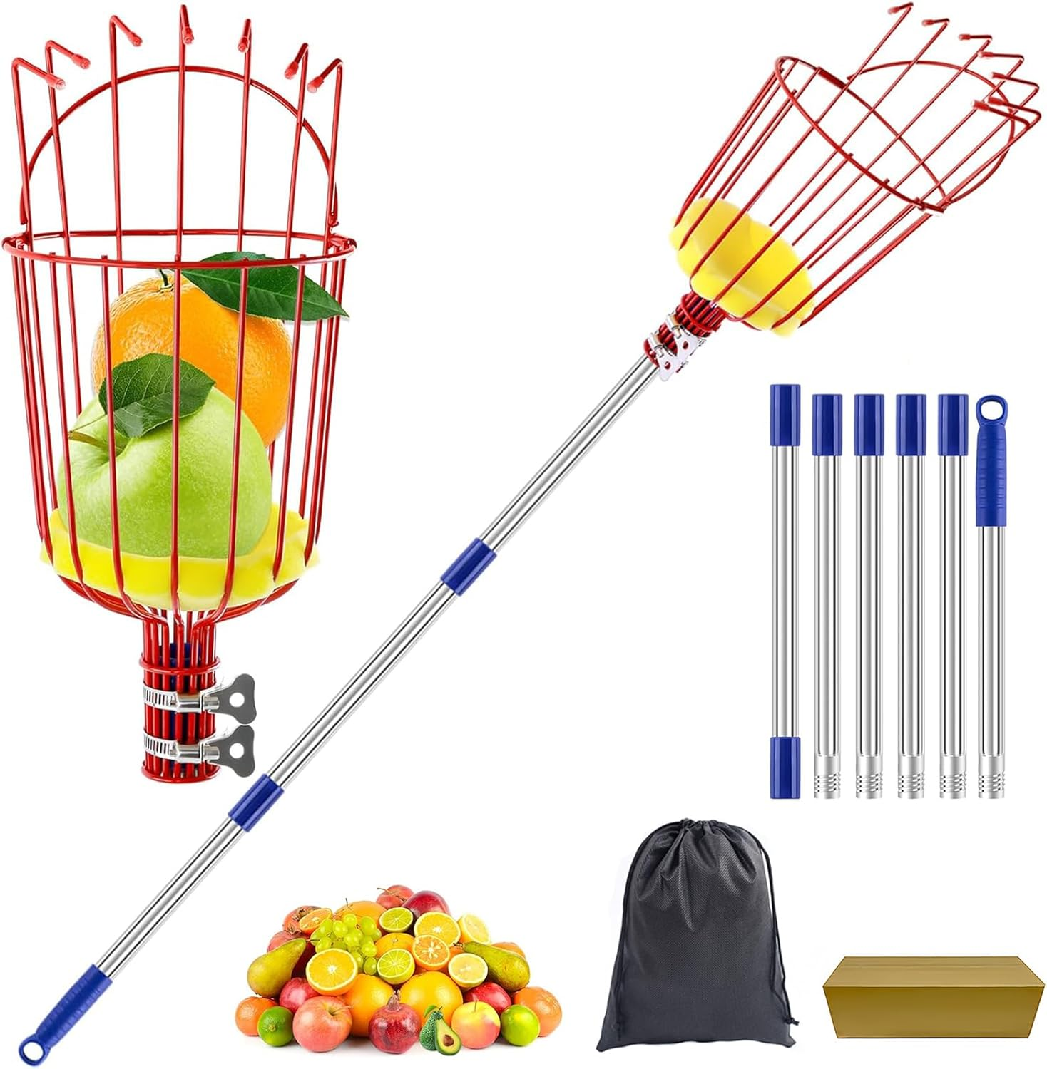 Fruit Picker Pole Tool with Basket Telescoping Long Handle,8 FT Adjustable Stainless Steel Handle,Apple Orange Picker Pole Tool with Basket for Avocado Acorn Lemon Pear Mango Tree Picker image number 1
