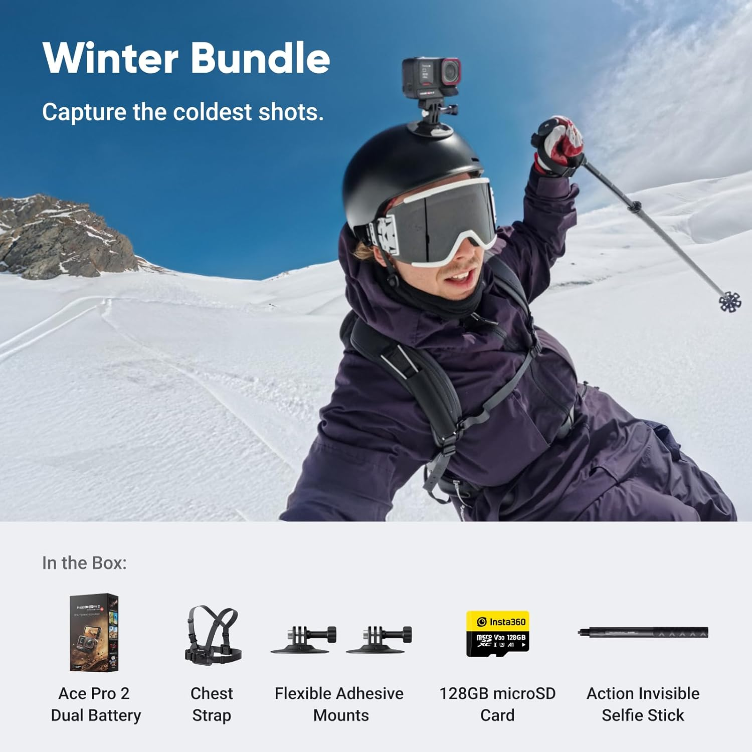 Insta360 Ace Pro 2 Winter Bundle -8K Waterproof Action Camera Co-Engineered with Leica, 1/1.3" Sensor, Dual AI Chip, Leading Low Light, Superior Audio, Flip Screen & AI Editing for Vlogs, Motorcycling