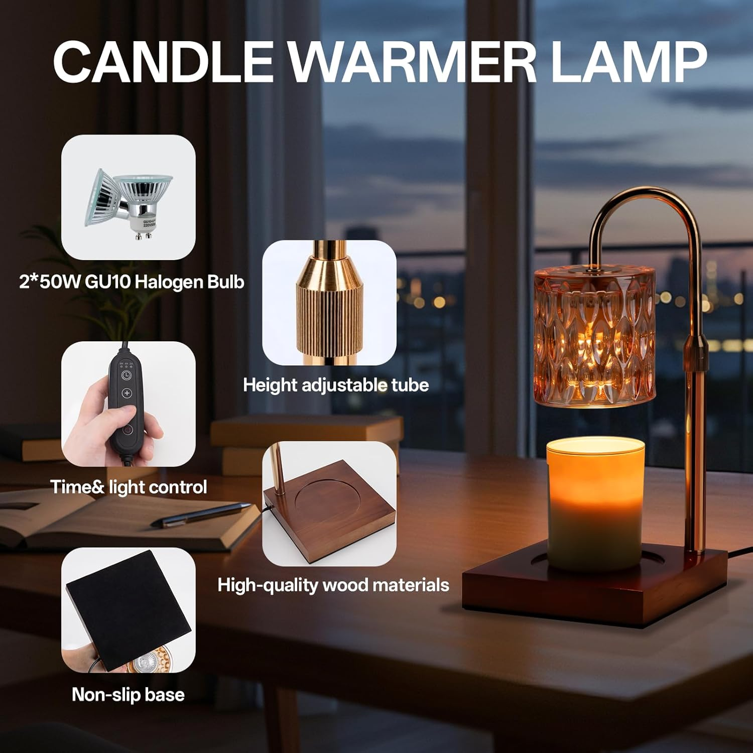 Aubeco Candle Warmer Lamp, Electric Wax Melt Table Lamps with Timer and Dimmer, Adjustable Height, with 2 Bulbs, for Scented Jar Candles, Home Decor image number 5