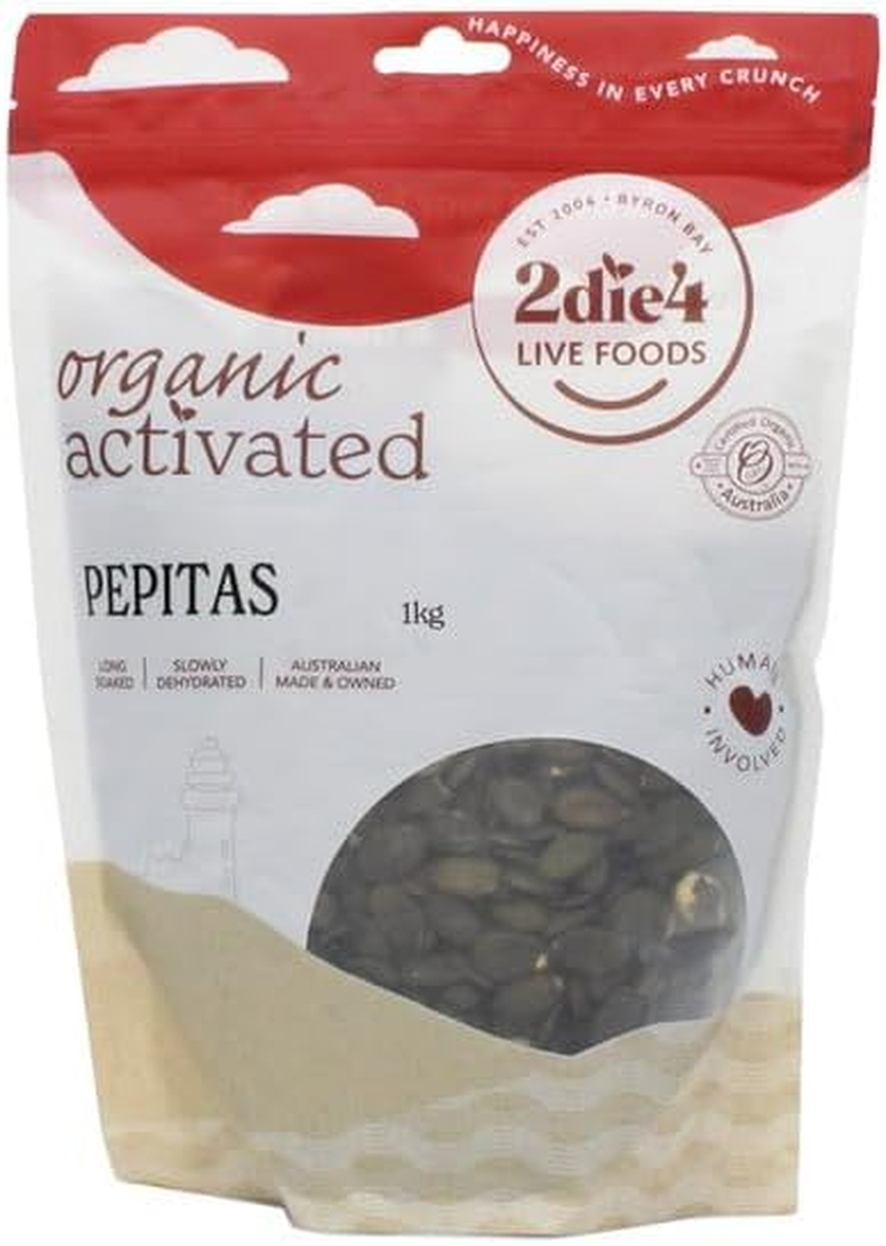 2 Die 4 Live Foods, Activated Organic Pepitas 1 Kilogram - (Pumpkin Seeds) Simply Snack on a Handful or Add to a Variety of Dishes. Not Heat Treated.
