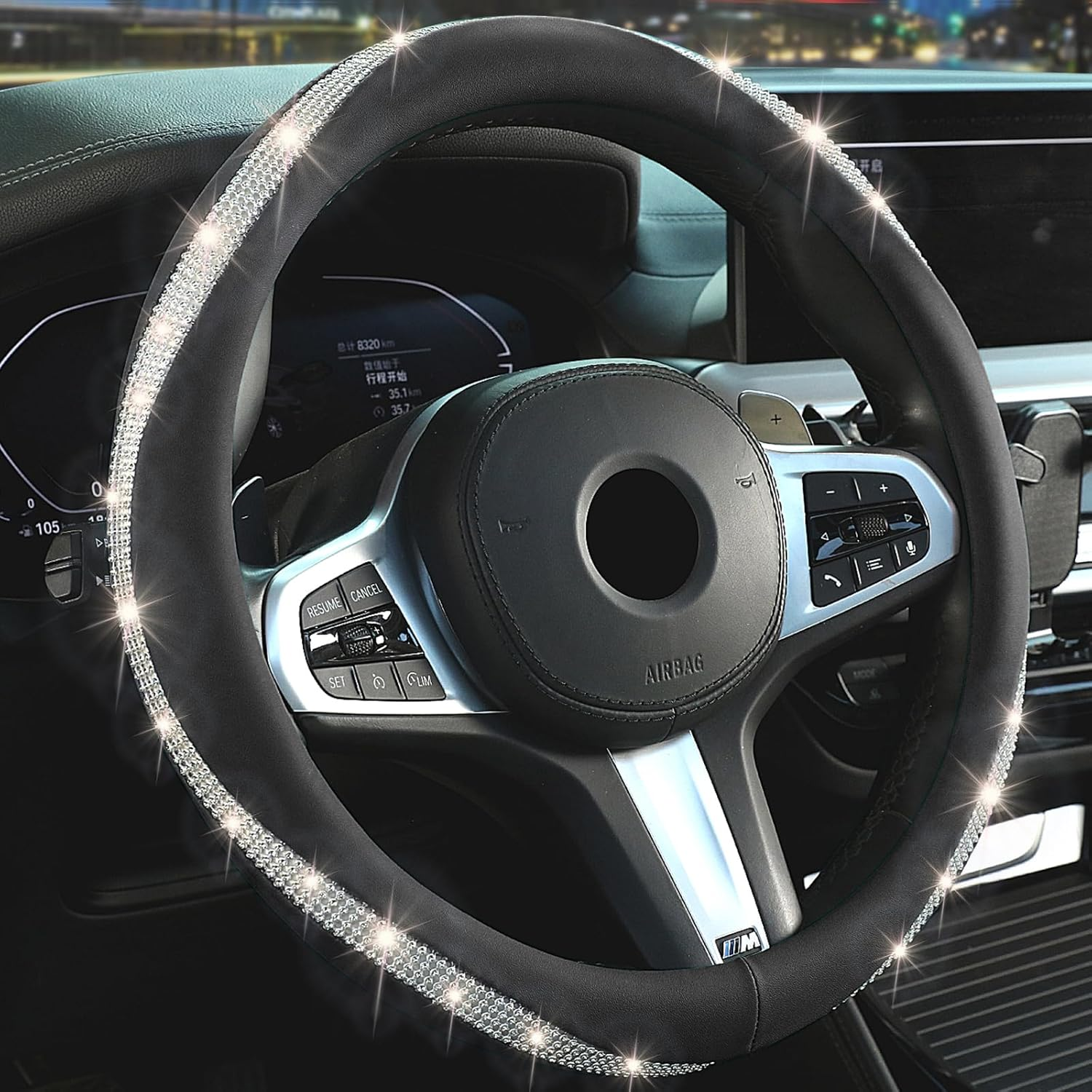 New Diamond Leather Steering Wheel Cover with Bling Crystal Rhinestone, Delicate and Anti-Slip Sparkly ，Fit 14" 1/2-15" Car Wheel Protector for Women Girl ，Black & White Diamond