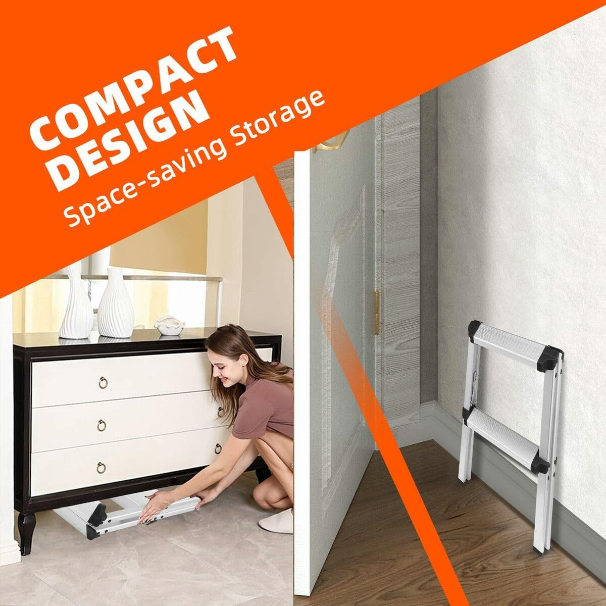 AUSWAY 2 Step Folding Ladder Aluminium Collapsible Stool Foldable Portable Stairs Lightweight Household Warehouse Stepladder image number 3