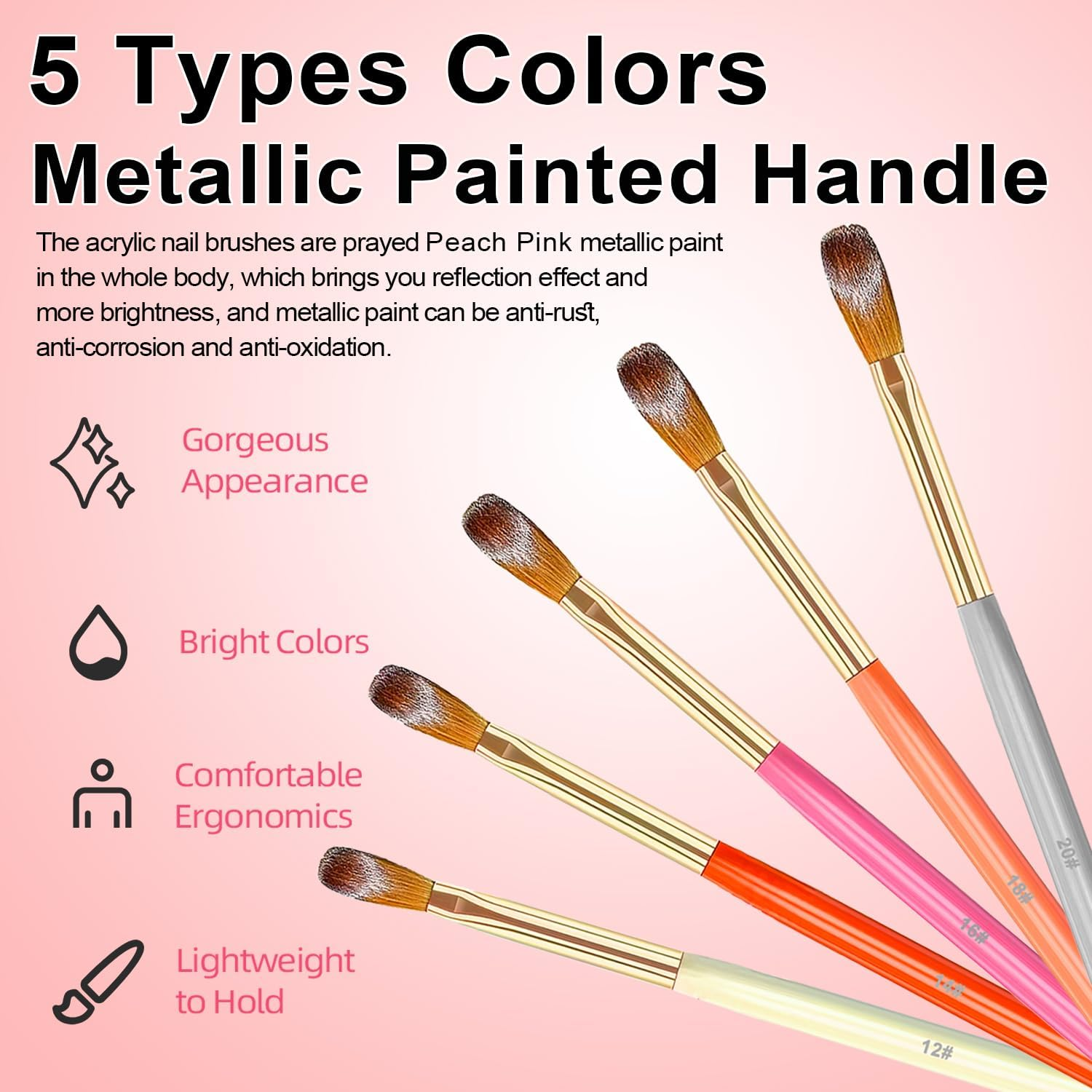 MUSILAN 5Pcs Acrylic Nail Brush Set, Multifunctional Nail Brushes, Nylon Bristles, Plastic Handle, Other Color, Ideal for Professionals and Beginners, Size 12/14/16/18/20 image number 4