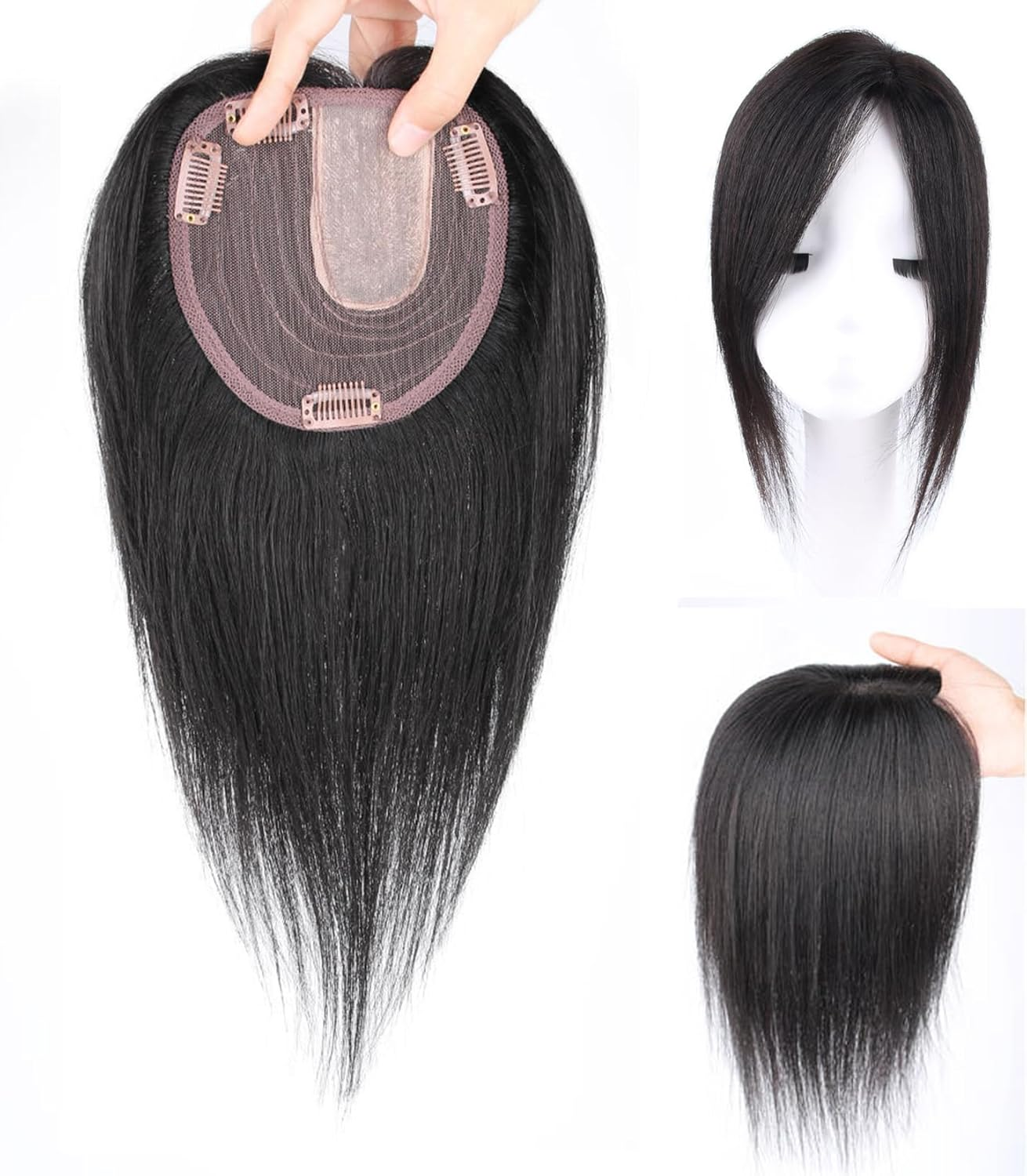 ICRAB Side Part Natural Hair Topper Wig Pieces Human Hair 13X14Cm Silk Base Crown Topper Clip in Hairpiece Large Coverage Wiglets Hairpieces for Thinning Hair Loss Natural Black,Left Part 12 Inch