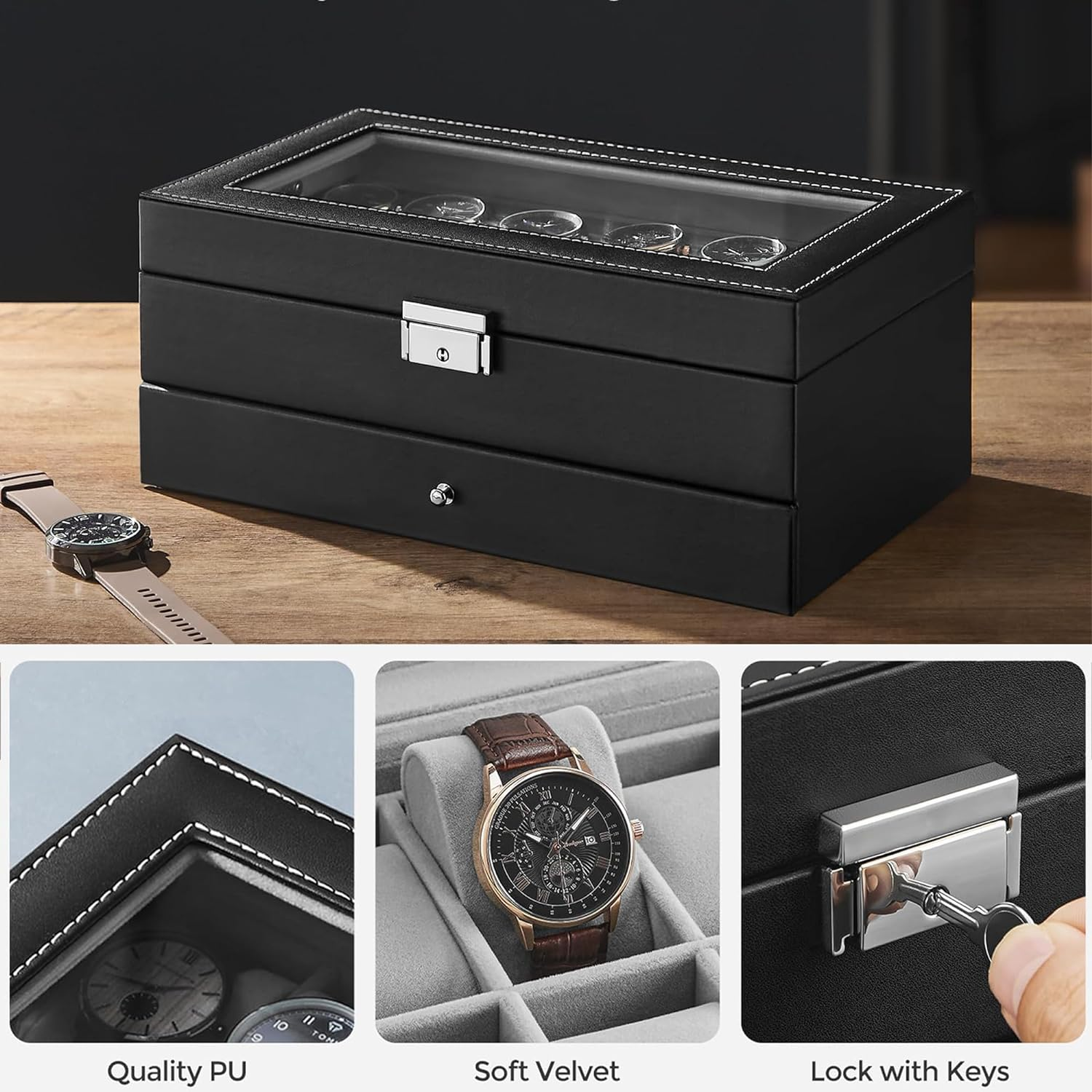 LIAN Watch Box 12-Slot Watch Box Jewelry Box Organizer for Men 2 Layers with 1 Drawer for Rings, Glasses,Jewelry,Necklace Black Perfect Birthday Gifts