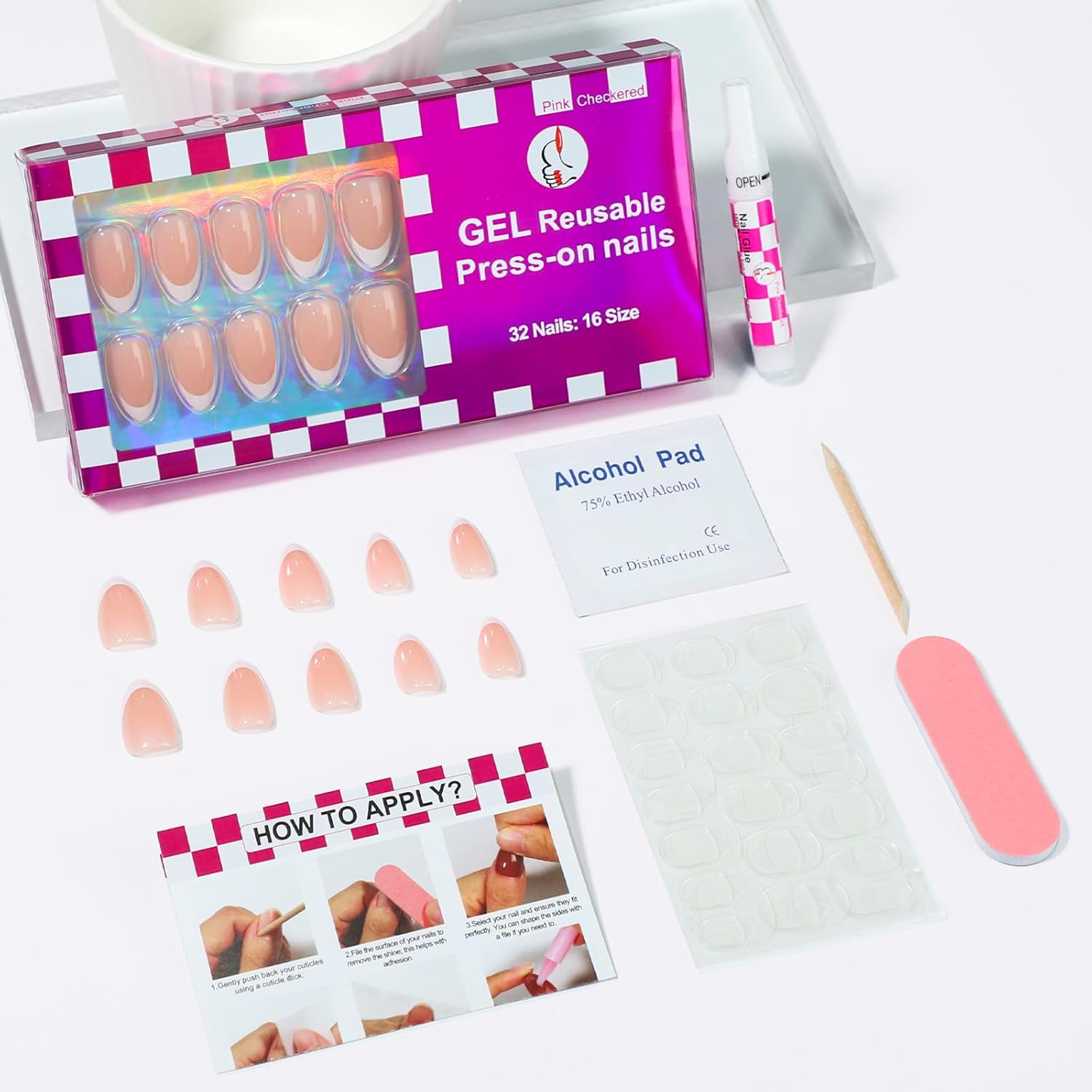 French Almond Gel Press on Nails Short 16 Sizes Fake Nails Glossy 32Pcs, Nail Glue Included image number 1