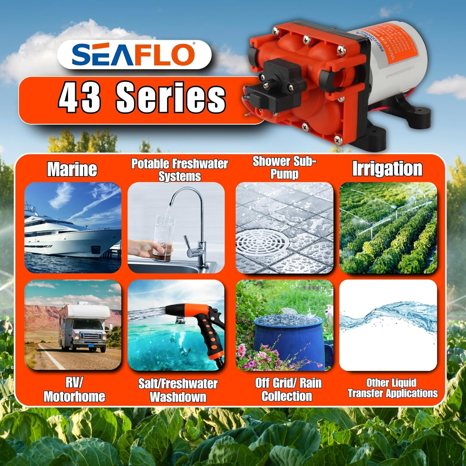 SEAFLO 43-Series Water Pressure Diaphragm Pump - 12V DC, 3.0 GPM, 55 PSI with Adjustable Pressure Switch, Self-Priming, UL & CSA Certified, Quick Attach - for RV, Boat, and Off-Grid Applications image number 1