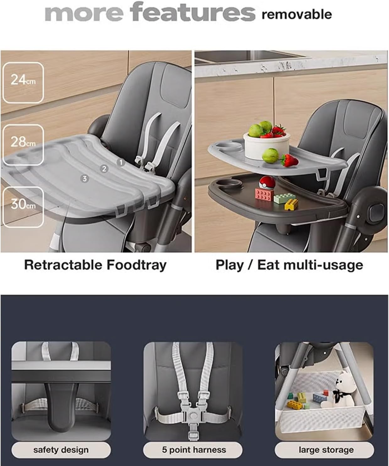 4 in 1 Baby High Chair for Dining & Feeding &ndash; Adjustable Toddler Highchair with 4 Wheels, Foldable & Portable Design, Bpa-Free Tray, Safe 5-Point Harness, Suitable for 6 Months to 6 Years (White) image number 3