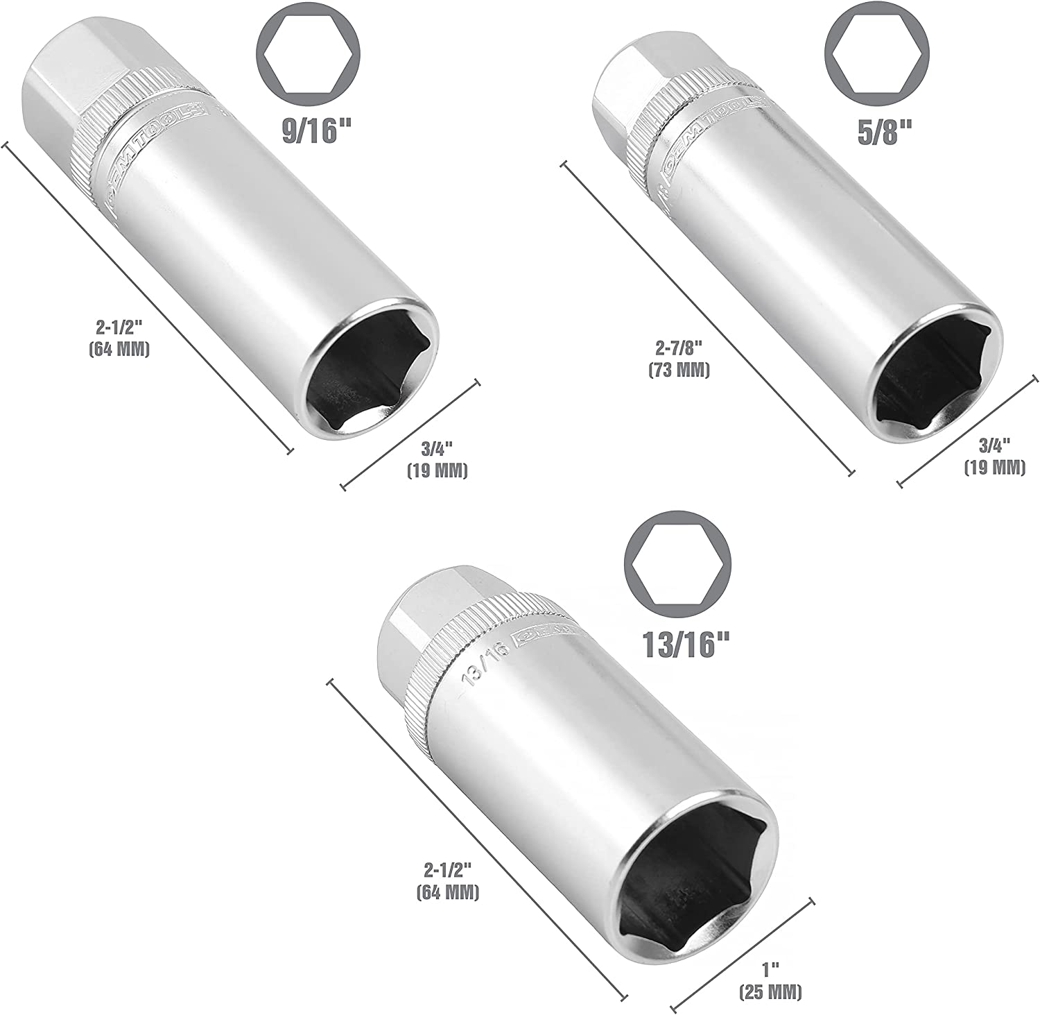 OEMTOOLS 22891 3/8 Drive Magnetic Spark Plug Socket Set, Contains 5/8" (16 Mm), 9/16", and 13/16" 6 Point Deep Sockets, Fits Most Car Spark Plugs
