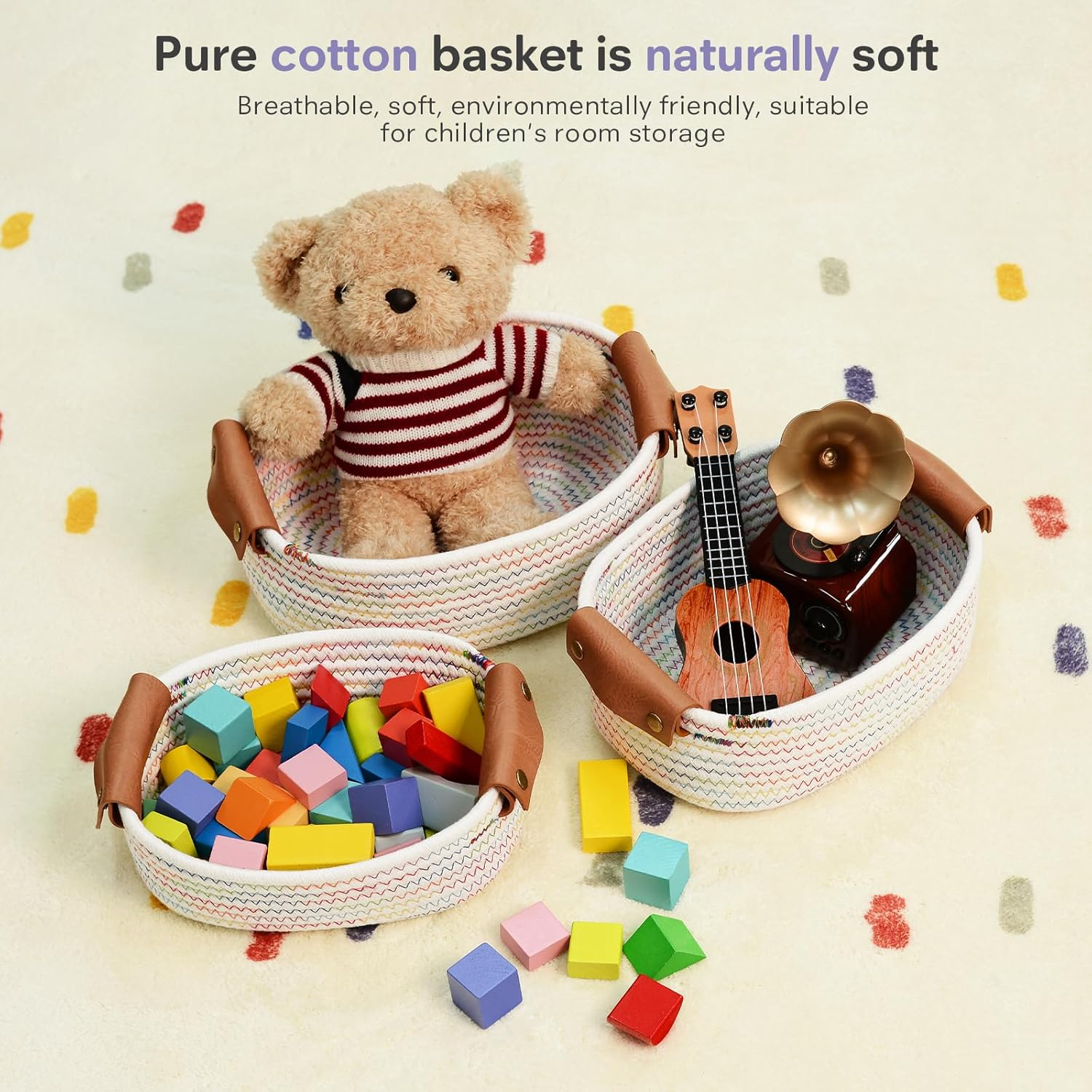 Storage Basket Set of 5 - Cotton Rope Baskets with Leather Handles - Small Woven Basket for Organizing, Nursery, Bathroom Shelves or Bedroom Decor (Rainbow) - Black image number 3