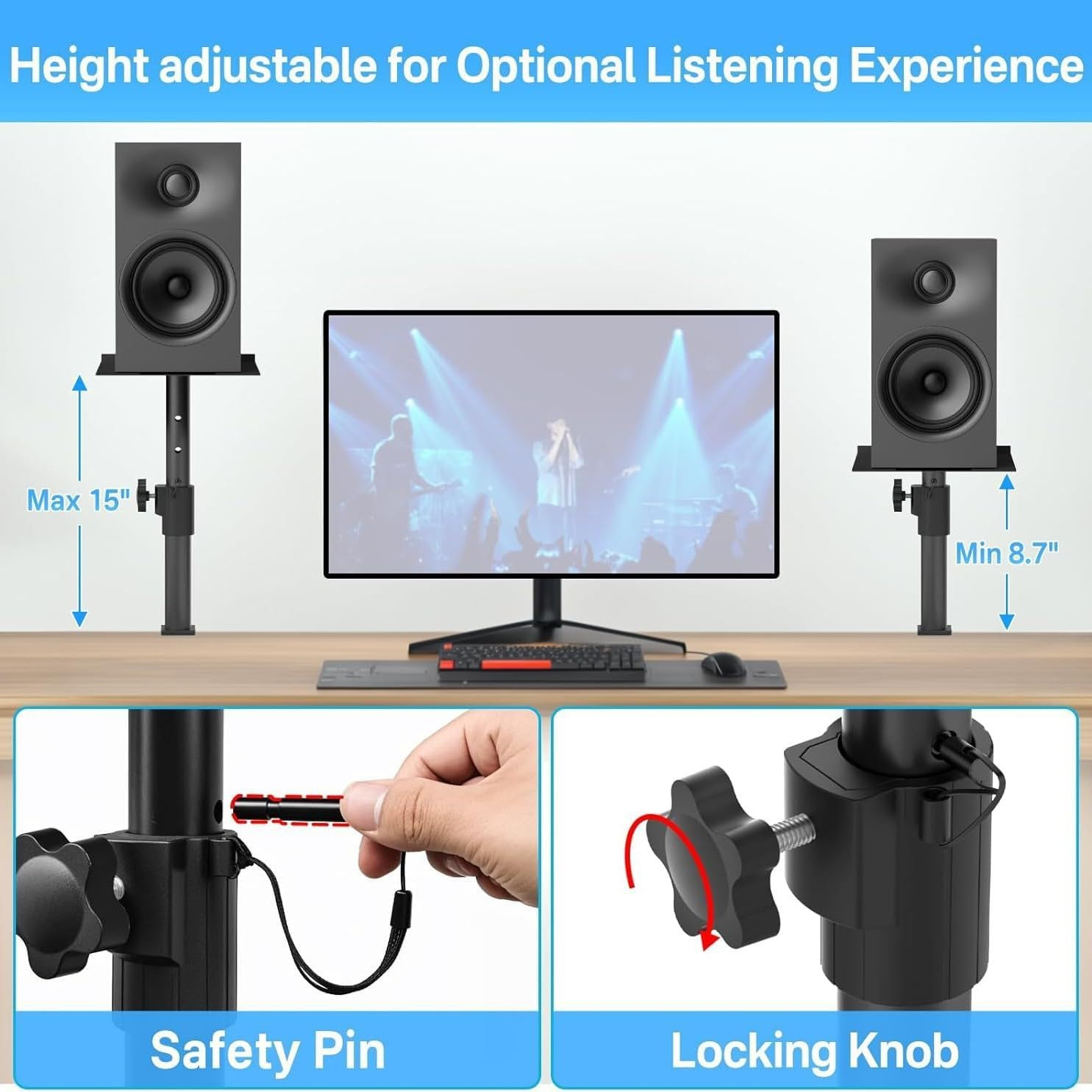 Desktop Speaker Stands, One Pair, for Studio Monitor Speaker Stands, Adjustable Height, 30 Lbs, 10 Degrees Tilt, Desk Clamp Stand (Black) image number 4