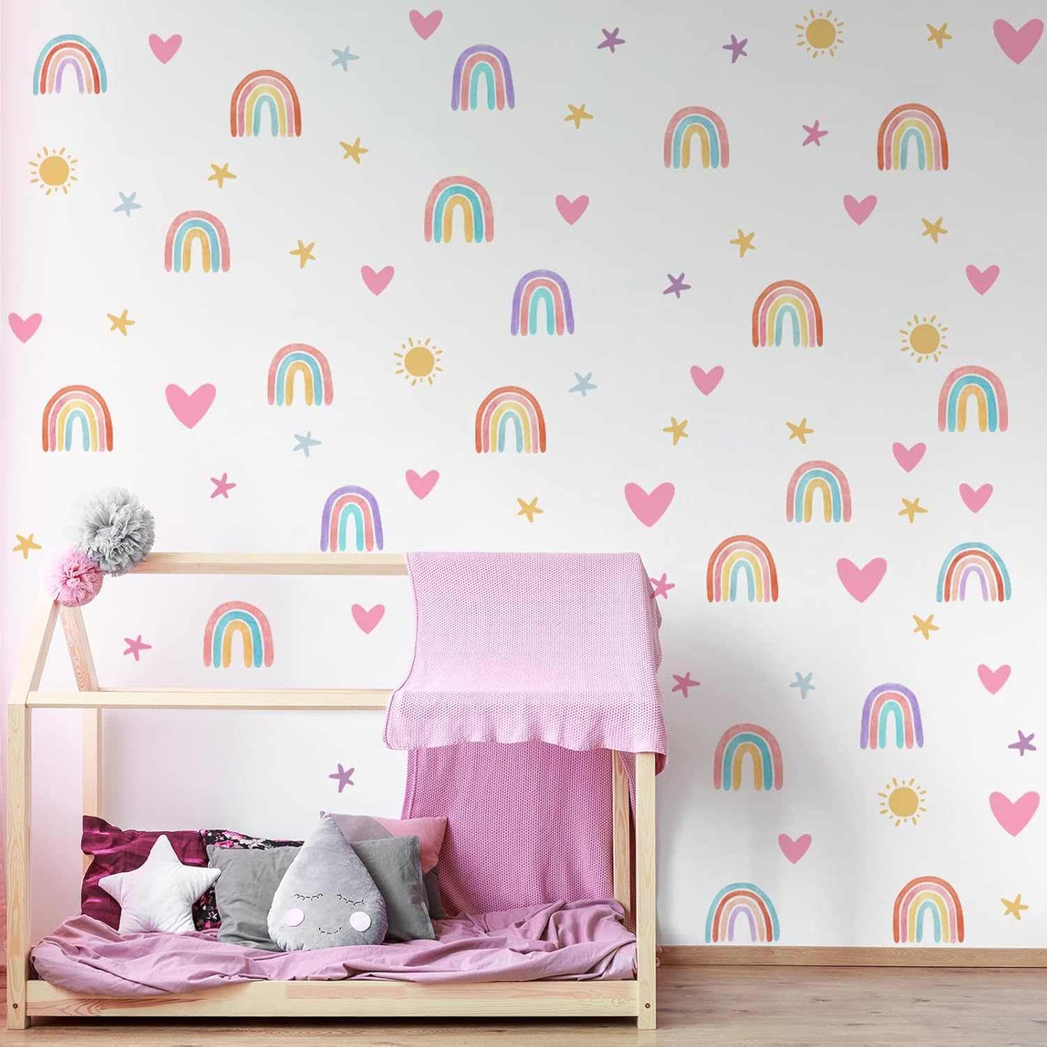 Rainbow Wall Decor Stickers Small Rainbow Wall Decal Watercolor Rainbow Heart Sun Star Wall Stickers for Girls Boys Baby Bedroom Nursery Wall Decor (Classic Color)
