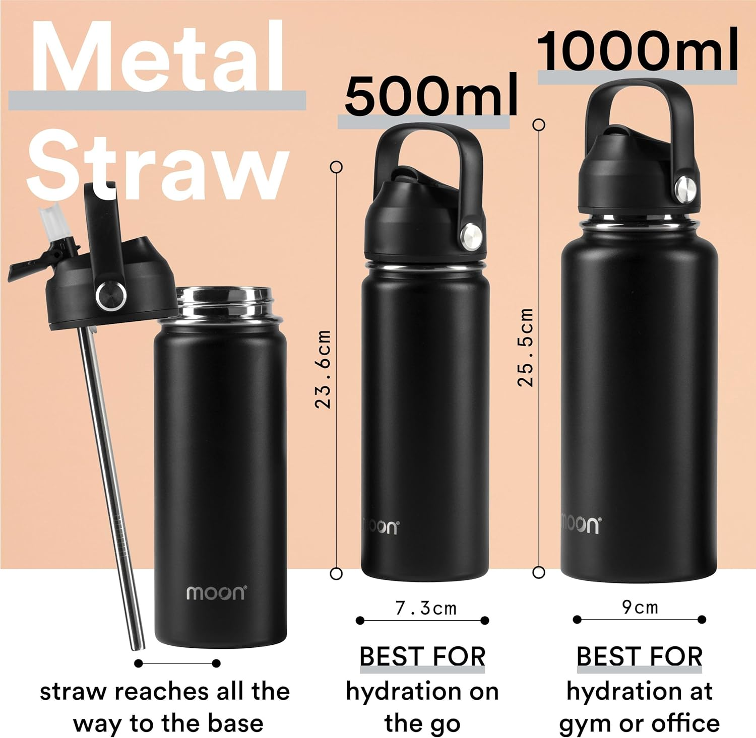 Moon Bottles - Insulated Water Bottle with Straw - Stainless Steel Sports Drink Bottle, Thermal Flask, 24Hr Cold, 12Hr Hot, Double Walled, Metal Straw, Silicon Spout, Australian Company (500Ml, Black) image number 3