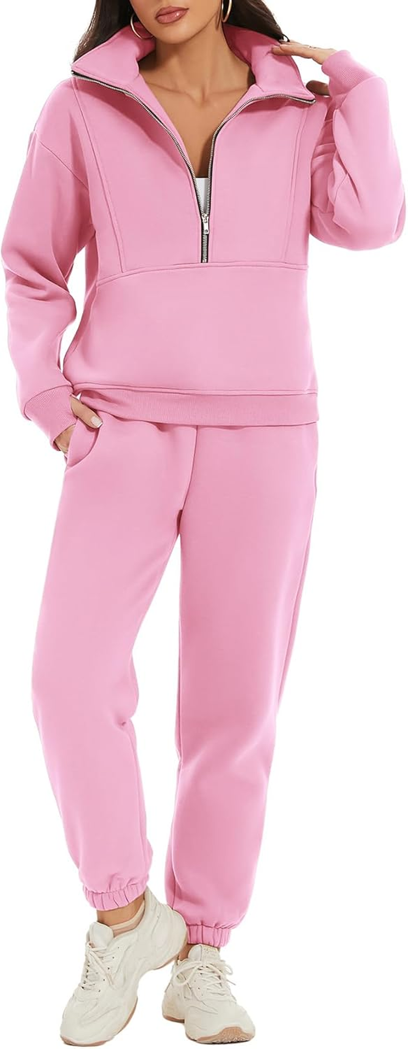 PEHMEA Women'S Fleece Two Piece Outfit Half Zip Sweatshirt and Joggers Pants Set Tracksuit image number 3