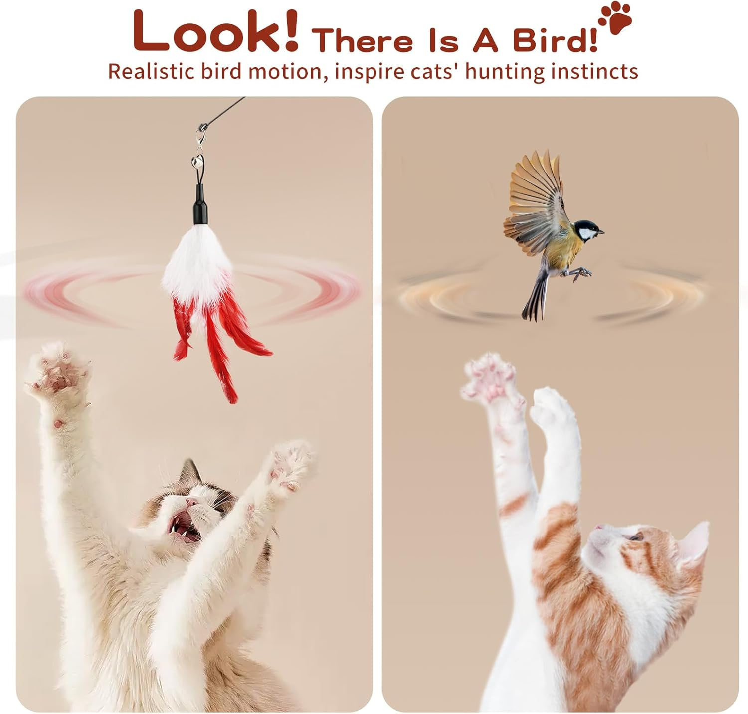 Pawaboo Feather Teaser Cat Toy, Interactive Feather Wand Cat Toy Flying Feather Cat Catcher with Extra Long 31.5" Wand and Small Bell, Exerciser Playing Toy for Kitten or Cat, Wine Red & White Feather image number 3