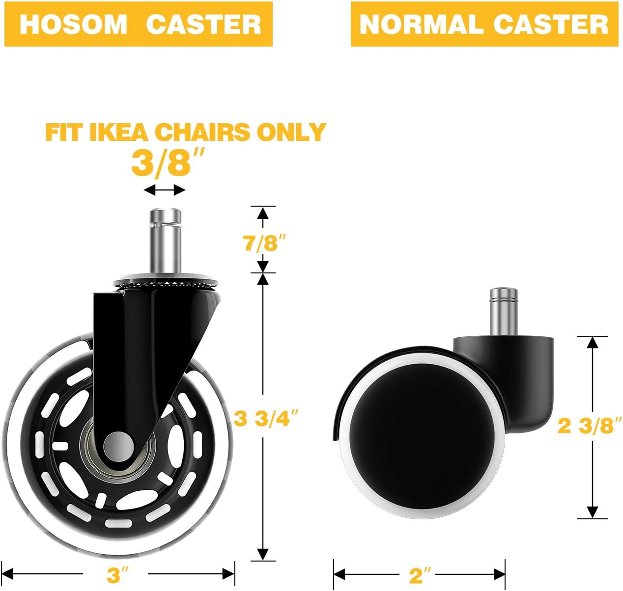 Office Chair Wheels for IKEA with 10Mm Stem, HOSOM 3" Replacement Rubber Caster Wheels Set of 5 Safe for Wood Floor, Computer Gaming Chair Rollerblade Wheels Roll Smooth and Quite