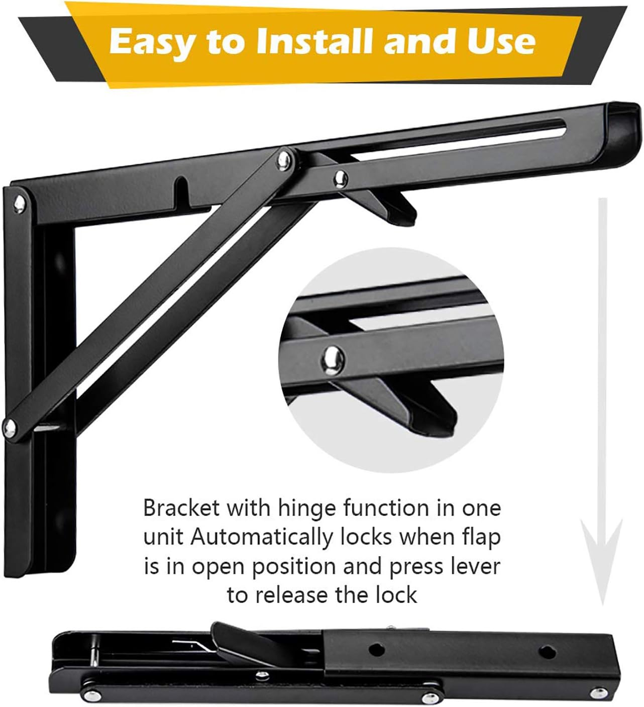 Folding Shelf Brackets 20 Inch Heavy Duty, 2 Pcs Shelf Brackets, L Brackets for Shelves, Floating Shelf Bracket, Metal Shelf Brackets on Wall, Black Stainless Steel L Shape image number 3